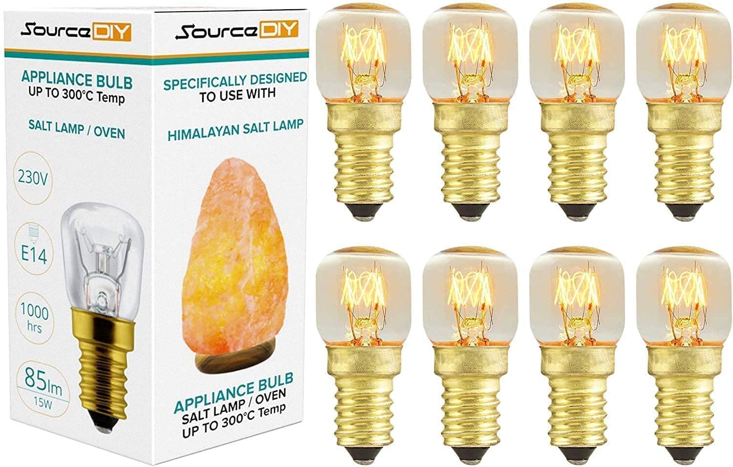 Sourcediy Clear Glass Salt Lamp Bulb 15W E14 (Pack Of 8) For Oven <300°C, Fridge, Multipurpose Pygmy Appliance Ses Incandescent Dimmable Bulbs