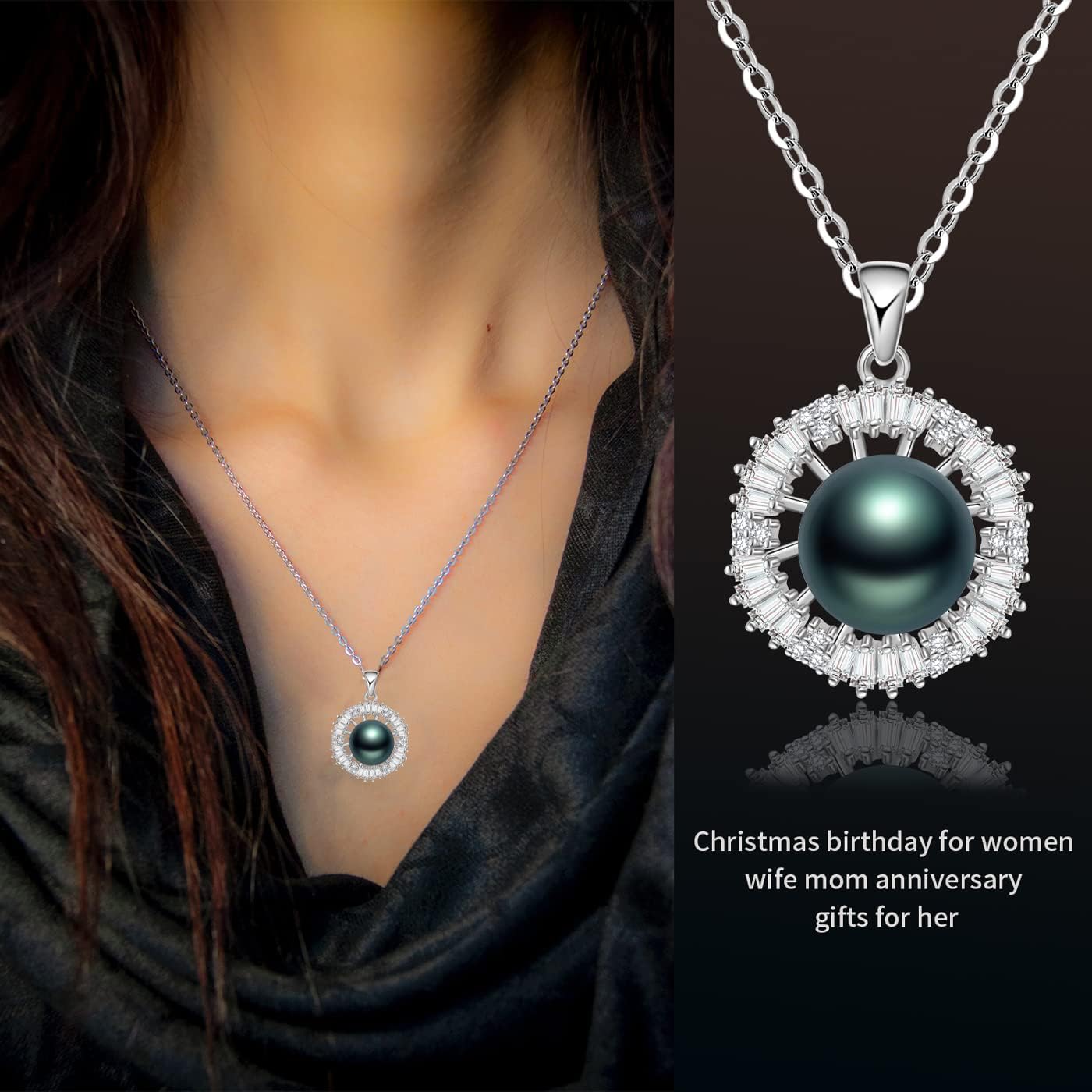 NONNYL Real Tahitian Black Pearl Pendant Necklaces for Women & 10.8mm Round 18K Gold Plated 925 Sterling Silver - Fine Jewelry Gifts for Women Wife Mom Daughter