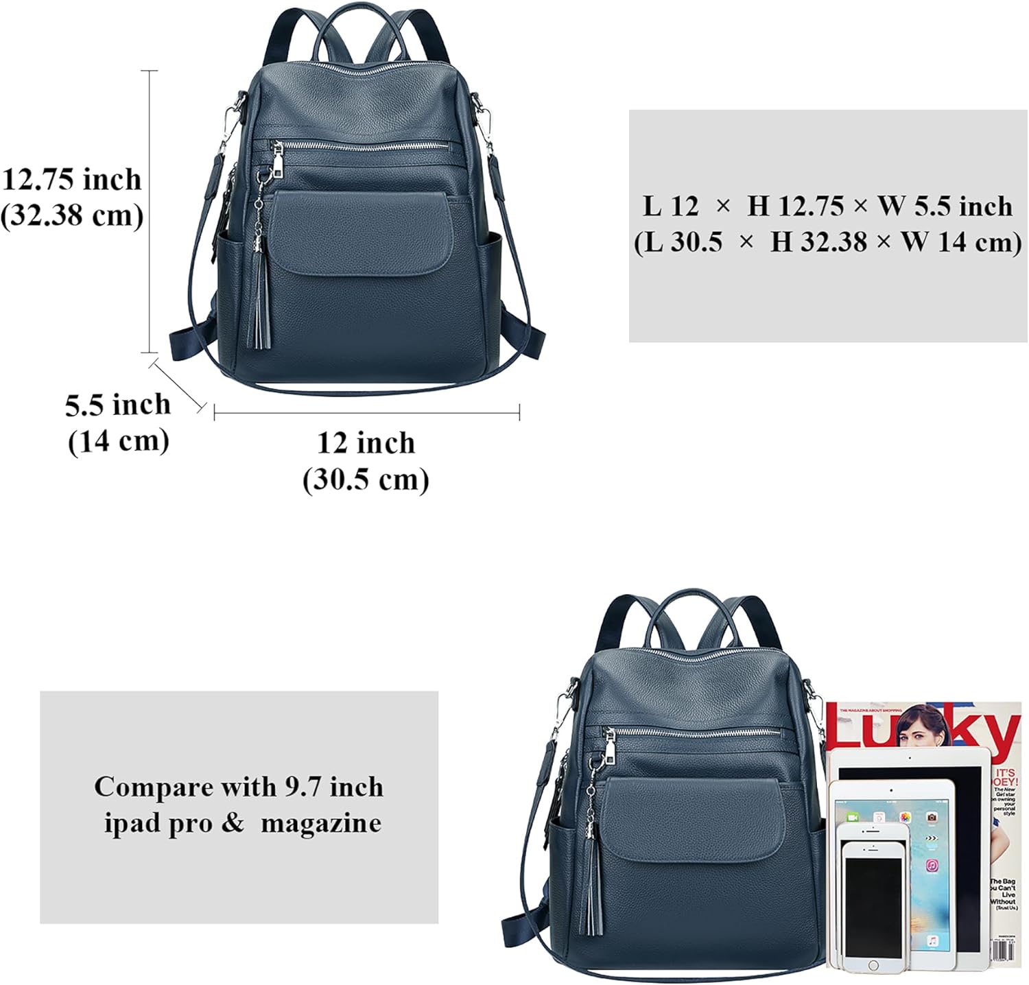 ALTOSY Genuine Leather Backpack Purse for Women Large Convertible Shoulder bag Ladies Crossdody Bag with Tassel(S115 Indigo Blue) - Image 5