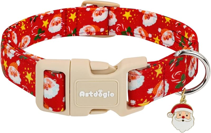 Coleira de Natal para Cães Pequenos em Algodão com Estampa de Papai Noel Astdogio - Tamanho S