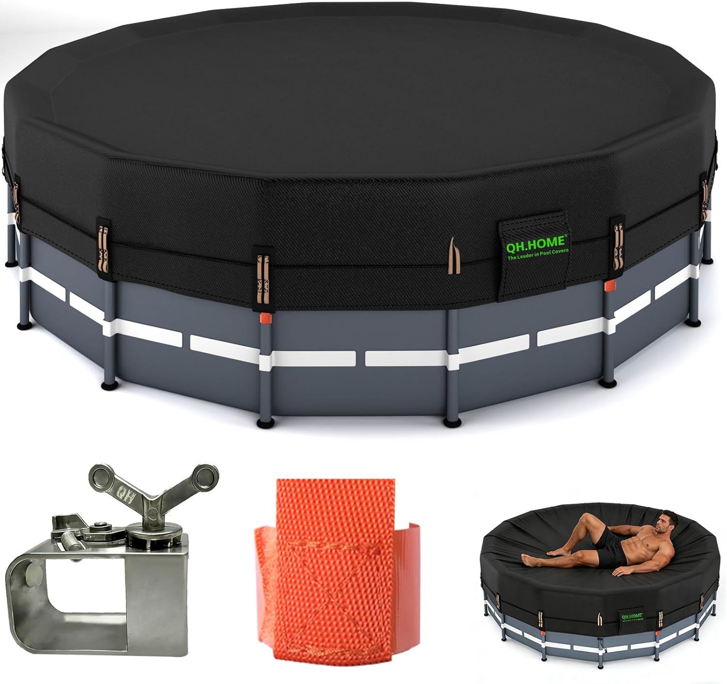 QH.HOME 550D 12 ft Pool Cover Round[Upgraded Tear Resistant & Quadruple Windproof] wth Pre-Installed Patented Winch and Rope, Pool Covers for Above Ground Pools-Snug Fit & Waterproof Protection