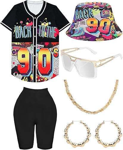 Traje de los años 80 y 90 para mujer, disfraz unisex de hip hop, camiseta de béisbol, pantalones de yoga, sombrero de pescador, cadena dorada,