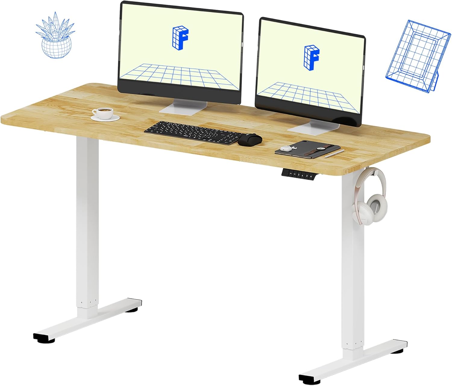 FLEXISPOT EN1 One-Piece Solid Wooden Standing Desk 55 x 24 Inches Height Adjustable Electric Sit Stand Home Office Desks (White Frame + Rubber Wood Top, 2 Packages)