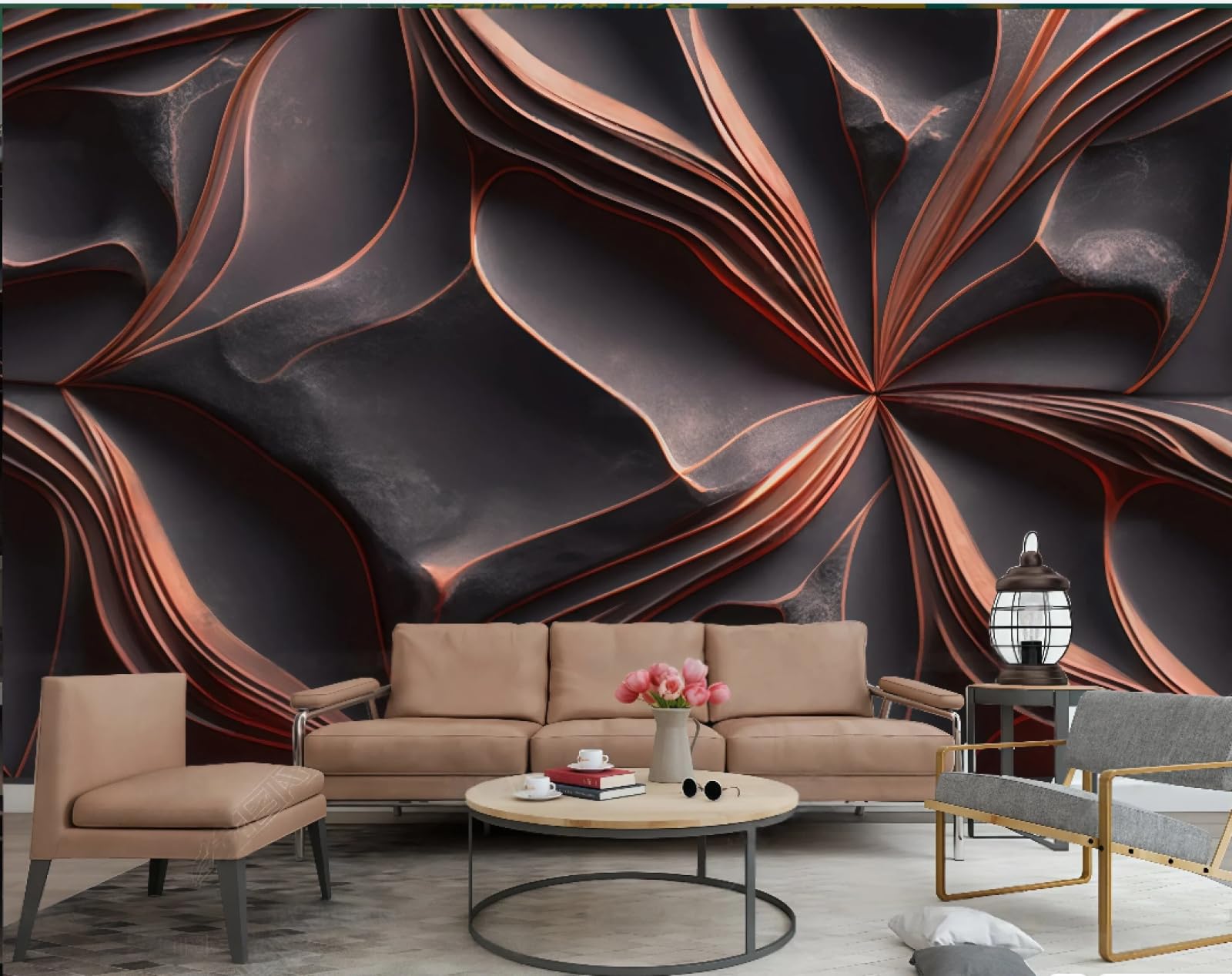 Tapeta Trójwymiarowa Abstrakcyjna Linia Różowe Złoto Kwiat Tekstura Tłoczona Szary Piaskowy Marmur TV Sofa Tło Ściana Salon Restauracja Kawiarnia Mural, 3D, 250 x 175 cm