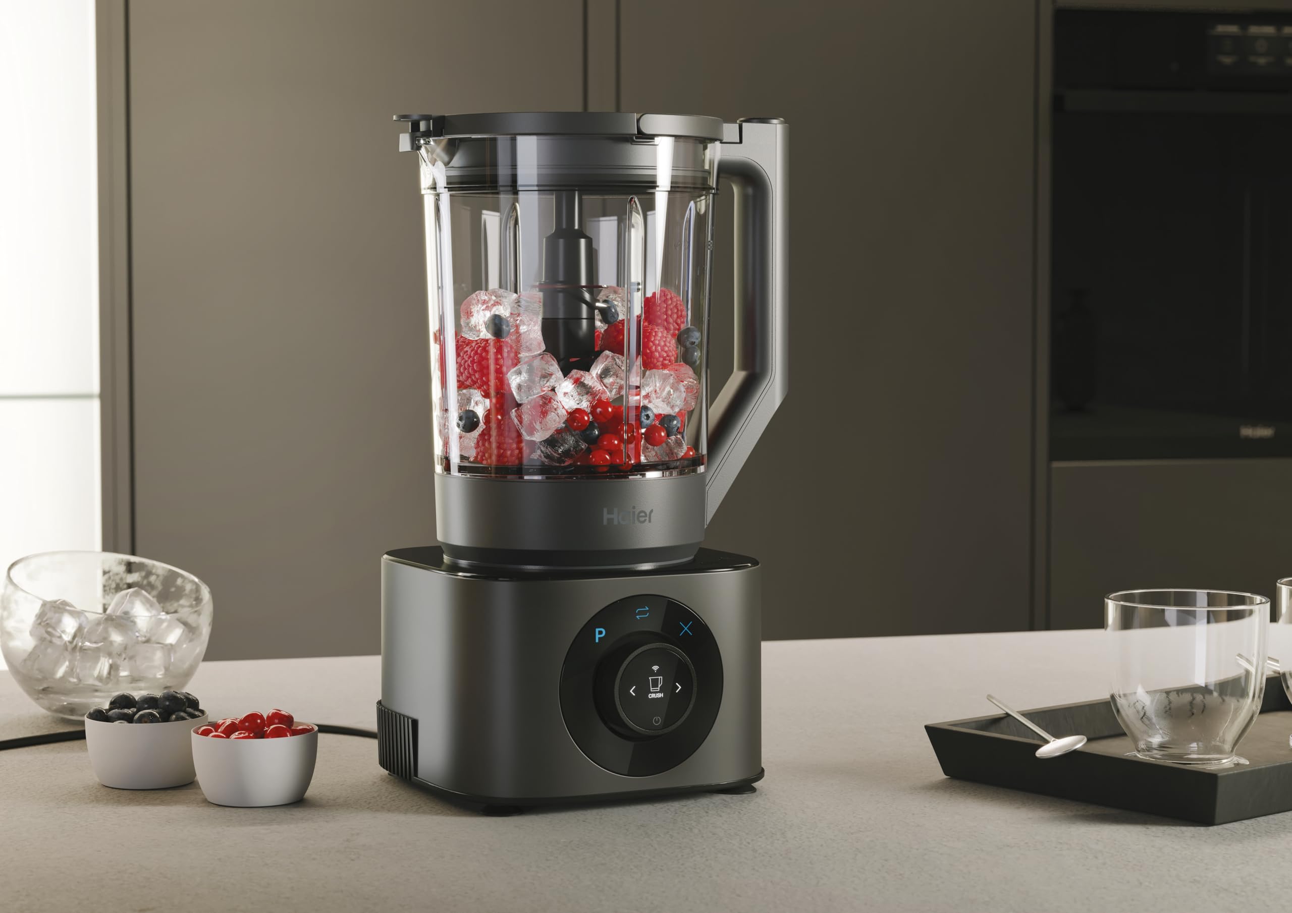 Haier HBL7W5 011 Robot de cocina Series 7, 6 programas: Picar, Licuar, Triturar hielo, Crema, Amasar y Prelavado, 10 velocidades, Incluye Jarra, Bol picador, y Vaso portátil,1200W, Gris