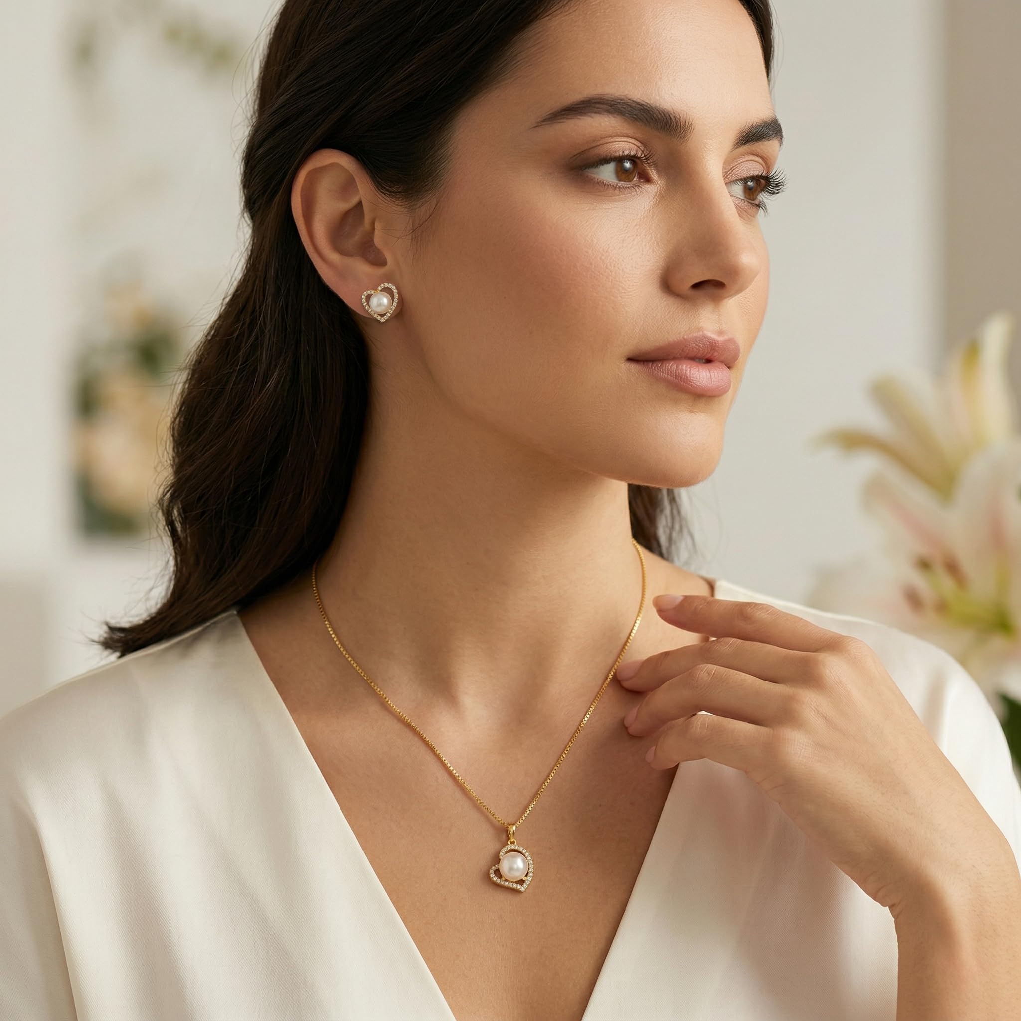 Pendientes Perla Mujer, Corazón, Circonitas, Plata 925