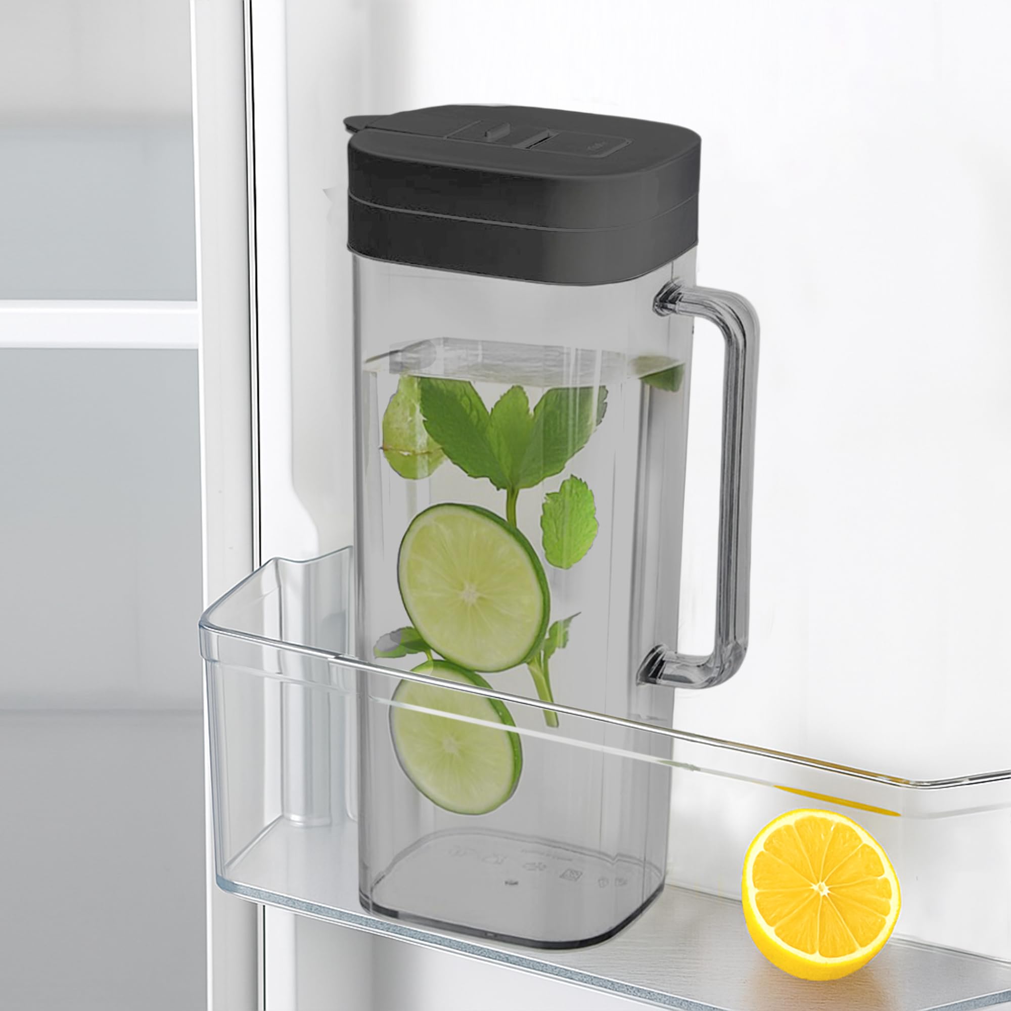 SlimFit 2 Quart (2 Liter) pitcher with lid - Water jug for fridge door - Leakproof 64oz plastic pitcher with lid - Drink Container for Juice, Iced Tea, Coffee, BPA-Free Plastic, Black