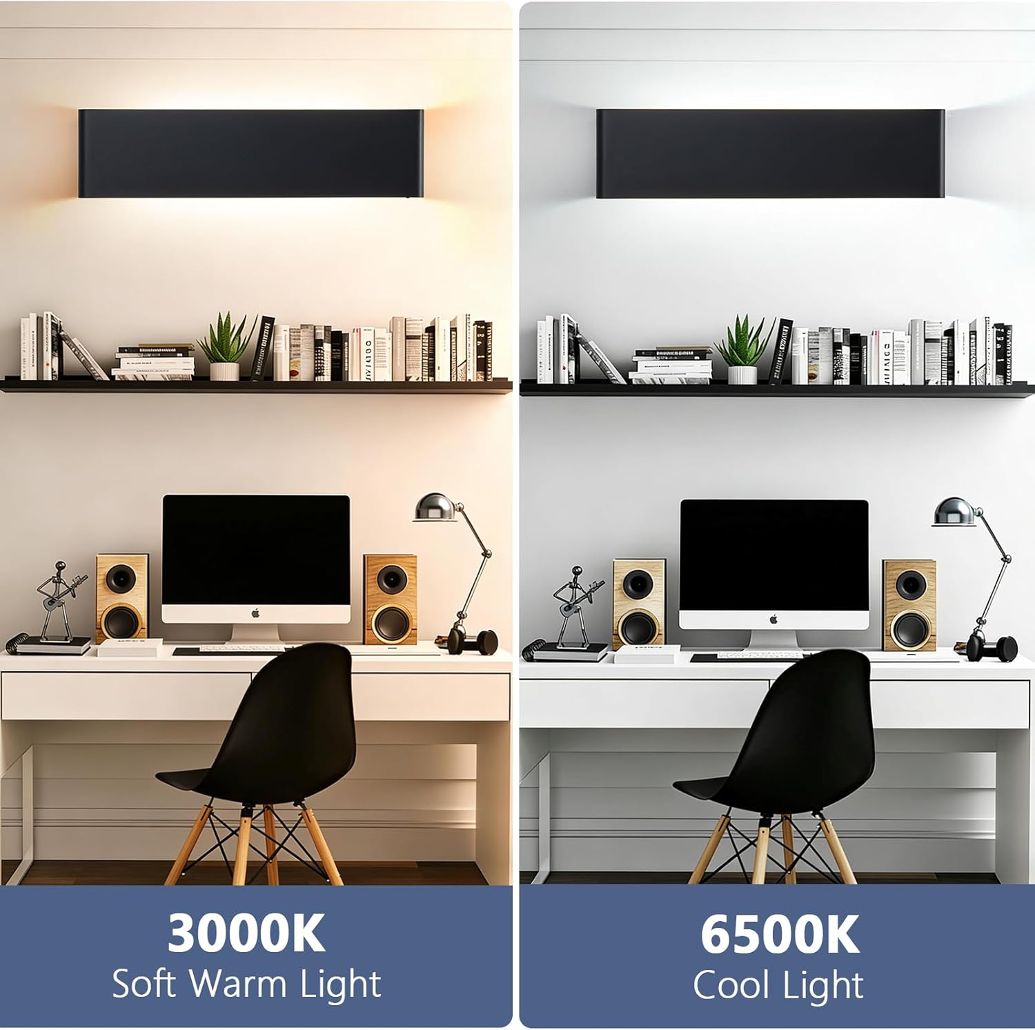Nigaut 21.6'' LED Wall Sconces 2 Pack, 24W 5CCT Black Bathroom Vanity Lights, 3000K-6500K Hardwired Up and Down Wall Lights for Bedroom Hallway Stairwell