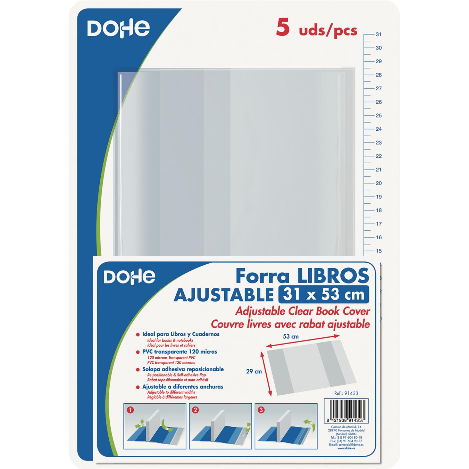 Dohe - Forro de Libros (5 uds.) - Medidas 31x53 cm, Láminas Ajustables Reposicionables, Hechos de PVC Grueso 120 Micras, Protectores Transparentes