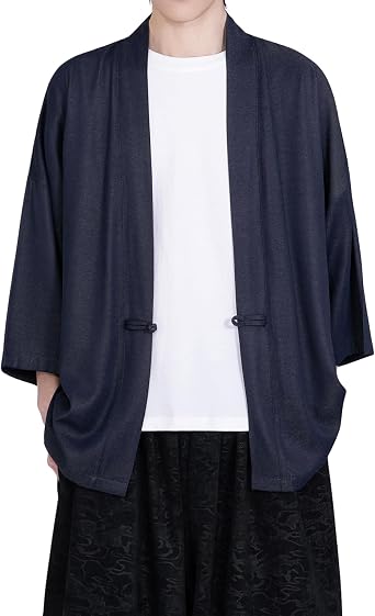 PRIJOUHE Men's Cotton Linen Kimono Jacket Lightweight Open Front Kimono Cardigan Japanese 3/4 Sleeve Yukata Coat