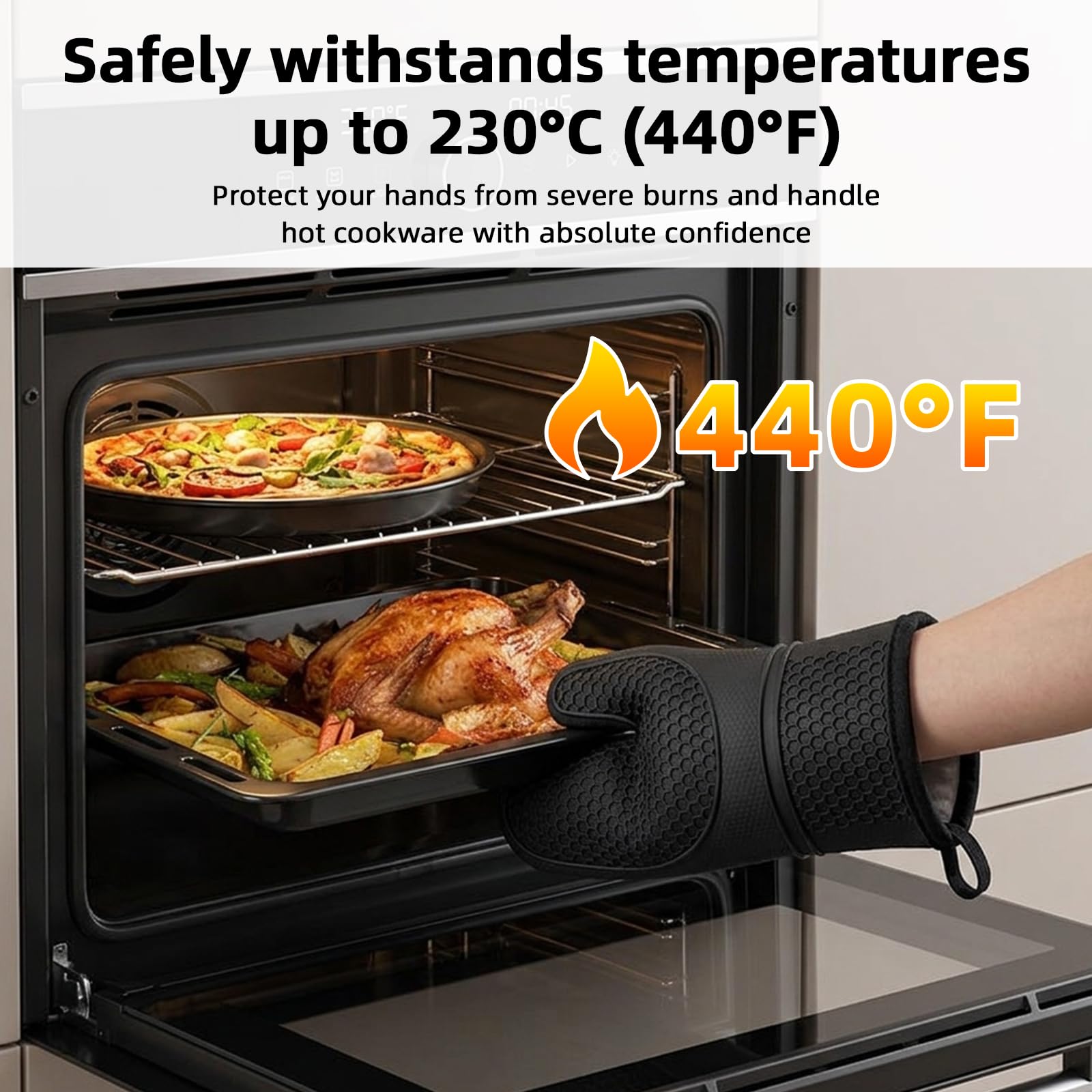 Carehabi Guanti da Forno e Presine Set da 4 Pezzi Silicone Guanti da Cucina Resistenti al Calore fino a 230°C con Trama a Nido d'Ape per Cuocere Barbecue e Cottura