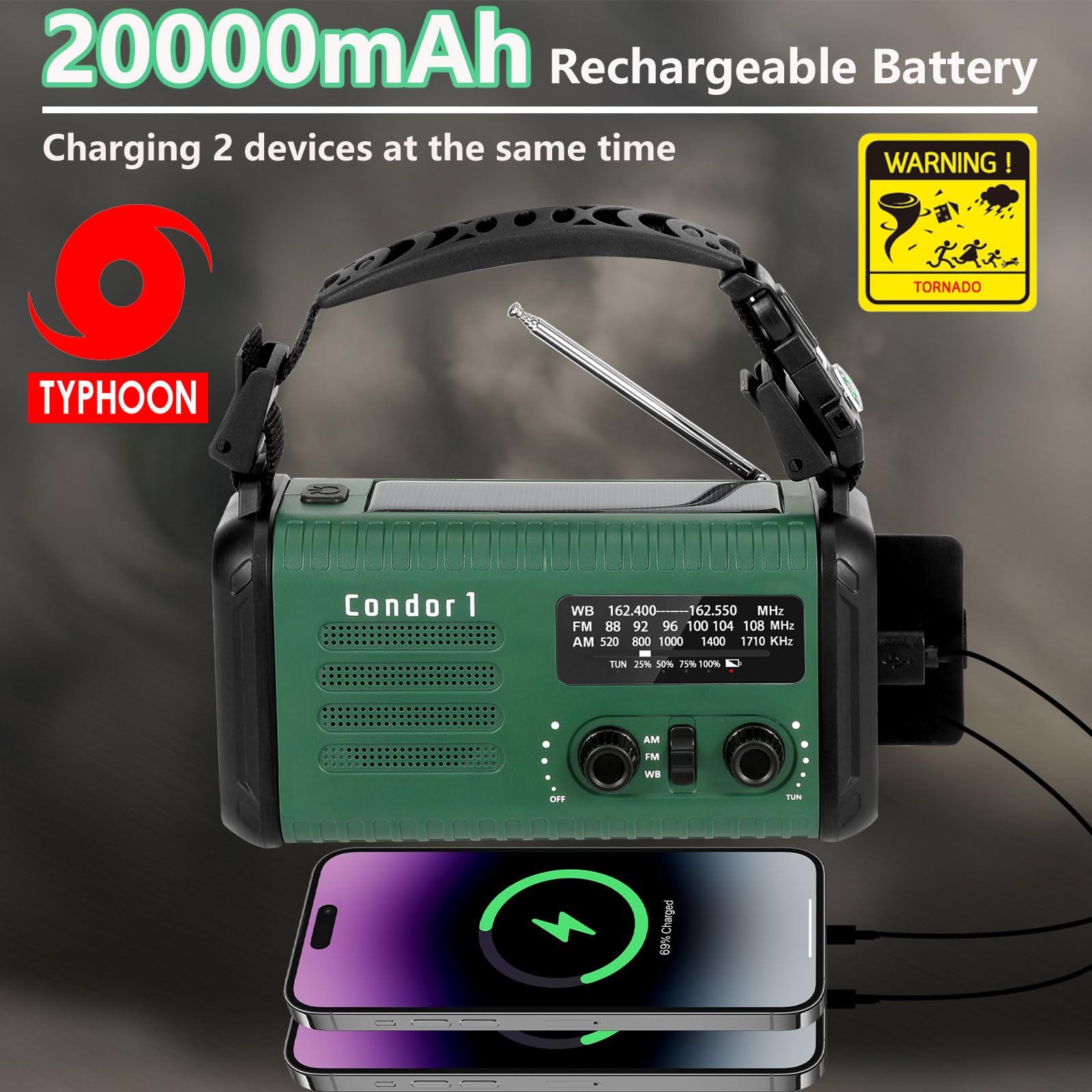 Puyinii 20000 MAh Noodradio Met Zwengel, Zonne-energie, NOAA/AM/FM, Zaklamp, SOS, USB-Oplader – Lichtgroen