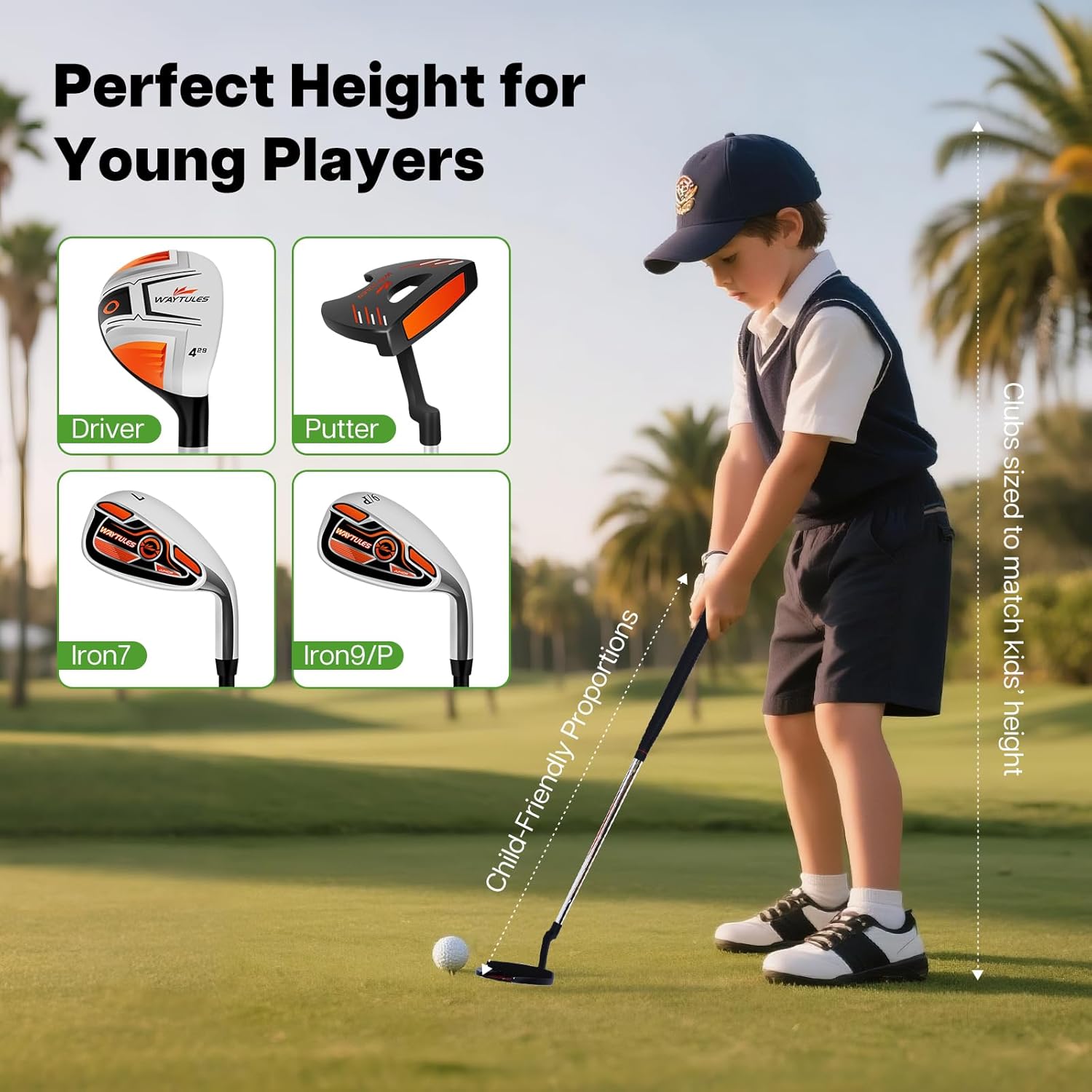 Kids Golf Clubs Set for Boys & Girls Ages 3-12, Junior Golf Set with Stand Bag, Driver, Hybrid, Irons & Putter, Youth Golf Club Set Right Handed