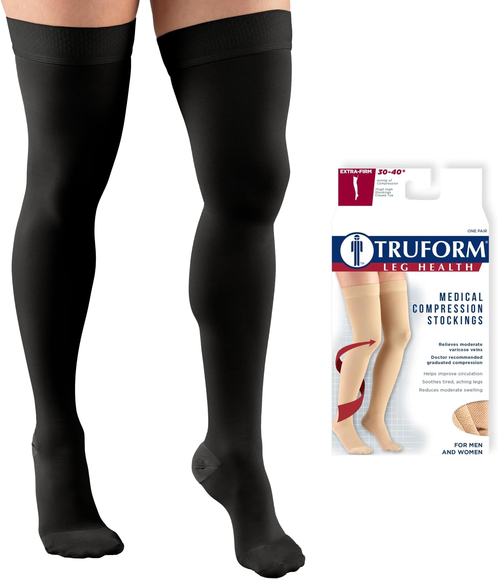 30-40 mmHg Compression Stockings for Men and Women, Thigh High Length, Dot-Top, Closed Toe, Black, Large