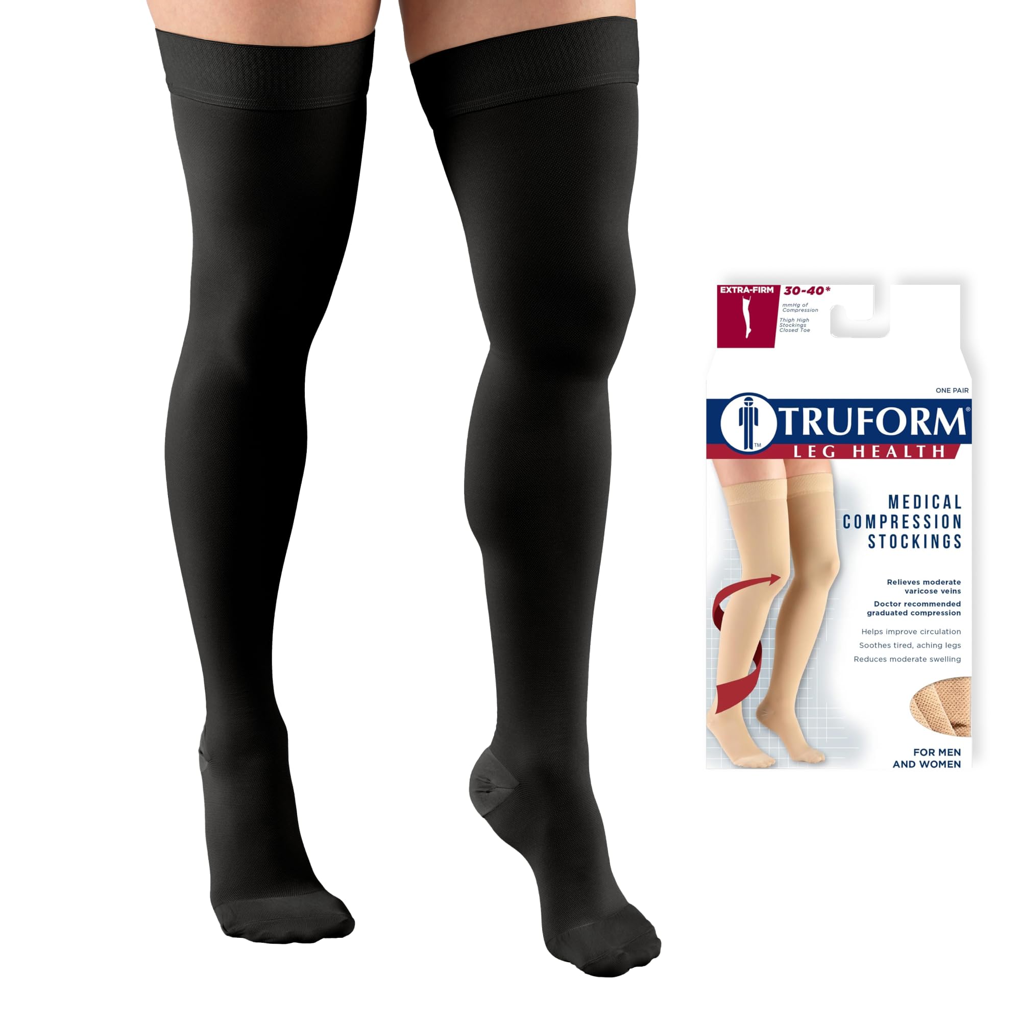 Truform 30-40 mmHg Compression Stockings for Men and Women, Thigh High Length, Dot-Top, Closed Toe, Black, Large