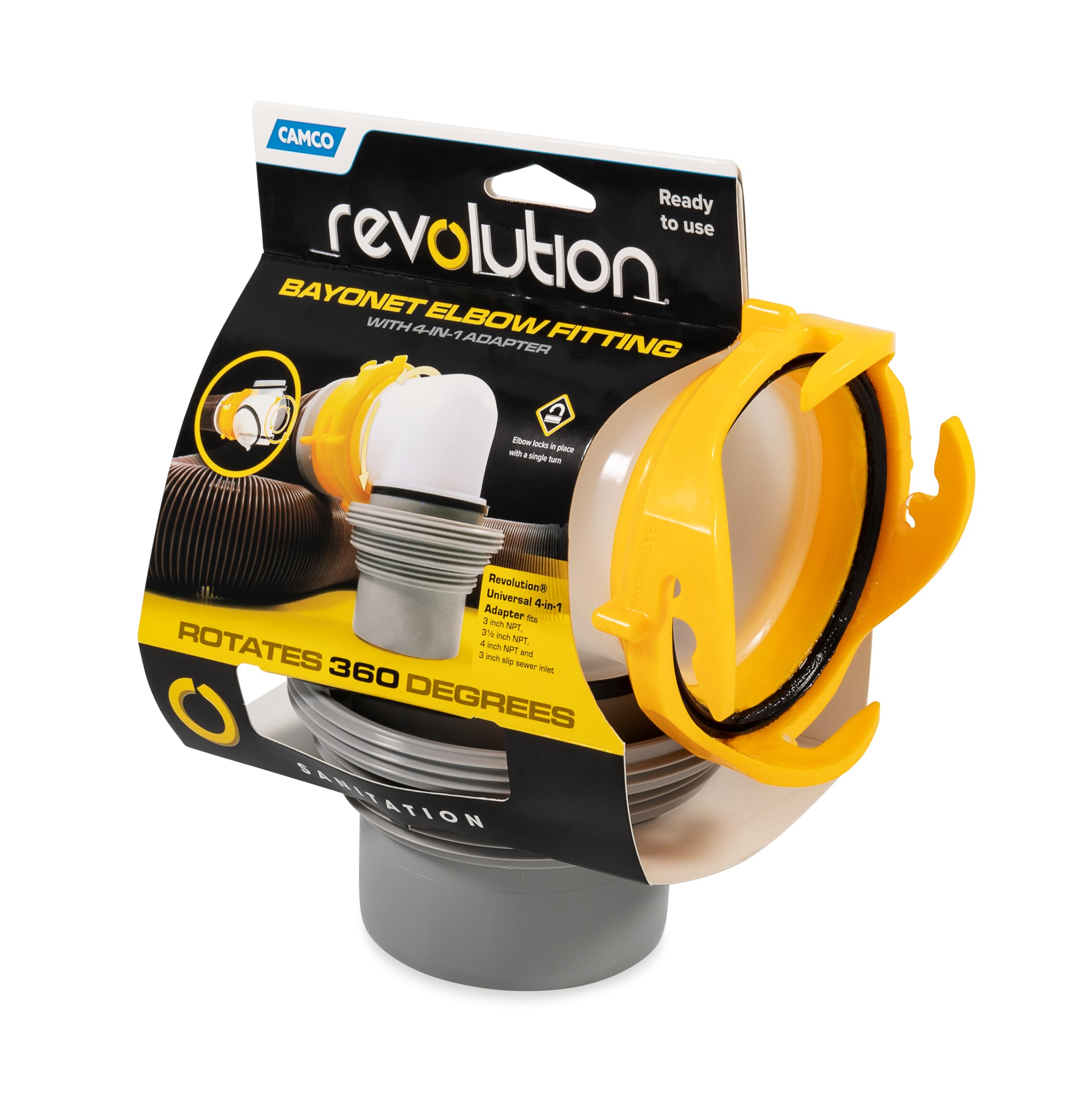 Camco Revolution 39471 RV Sewer Hose Bayonet Elbow Fitting with Built in Seal for Odor Proof Connection, 360° Swivel for Easy Installation and 4-in-1 Adapter