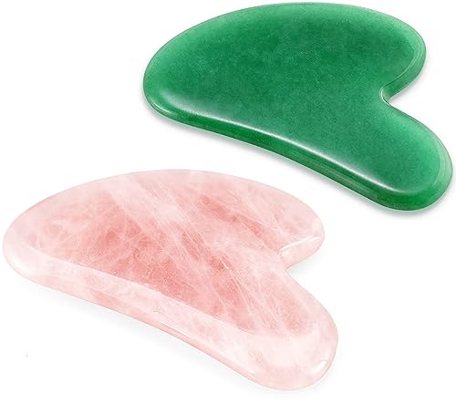 Gua Sha - Juego de herramientas faciales con piedras faciales, cuarzo rosa natural Gua Sha (rosa) + piedra de jade natural Gua Sha (verde)