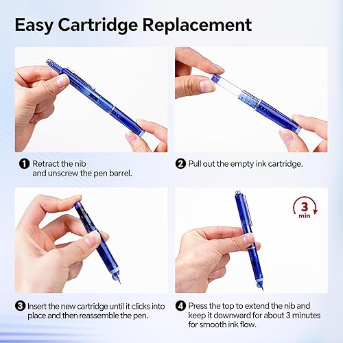 Miniatura 2 de WRITECH Clictek Pluma estilográfica retráctil: tinta azul, plumín mediano, barril transparente, set de regalo incluye 5 cartuchos de tinta para una