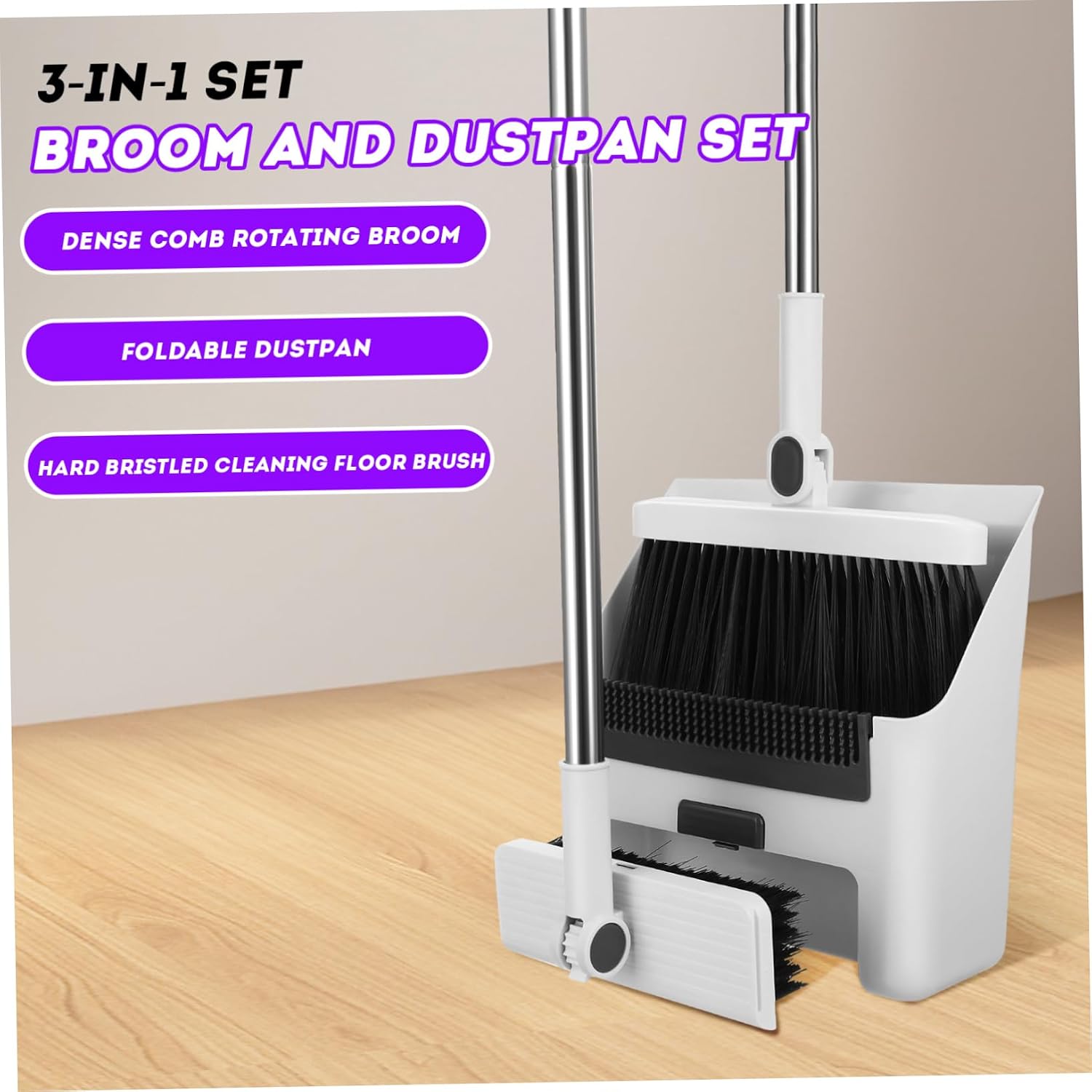 Long Handle Broom and Dustpan Set with Sturdy Plastic Construction Dense Soft Bristles for Indoor and Outdoor Sweeping Compact Stand Up Cleaning Tool for Use