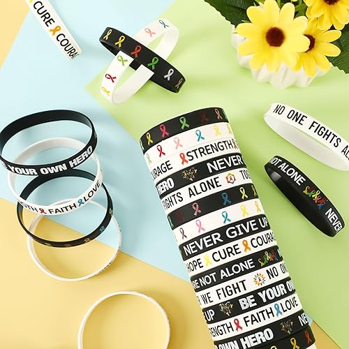 Miniatura 65 de JUNEBRUSHS 42 piezas de accesorios de concientización sobre el cáncer de mama, pulseras de silicona, accesorios de coraje y esperanza para mujeres