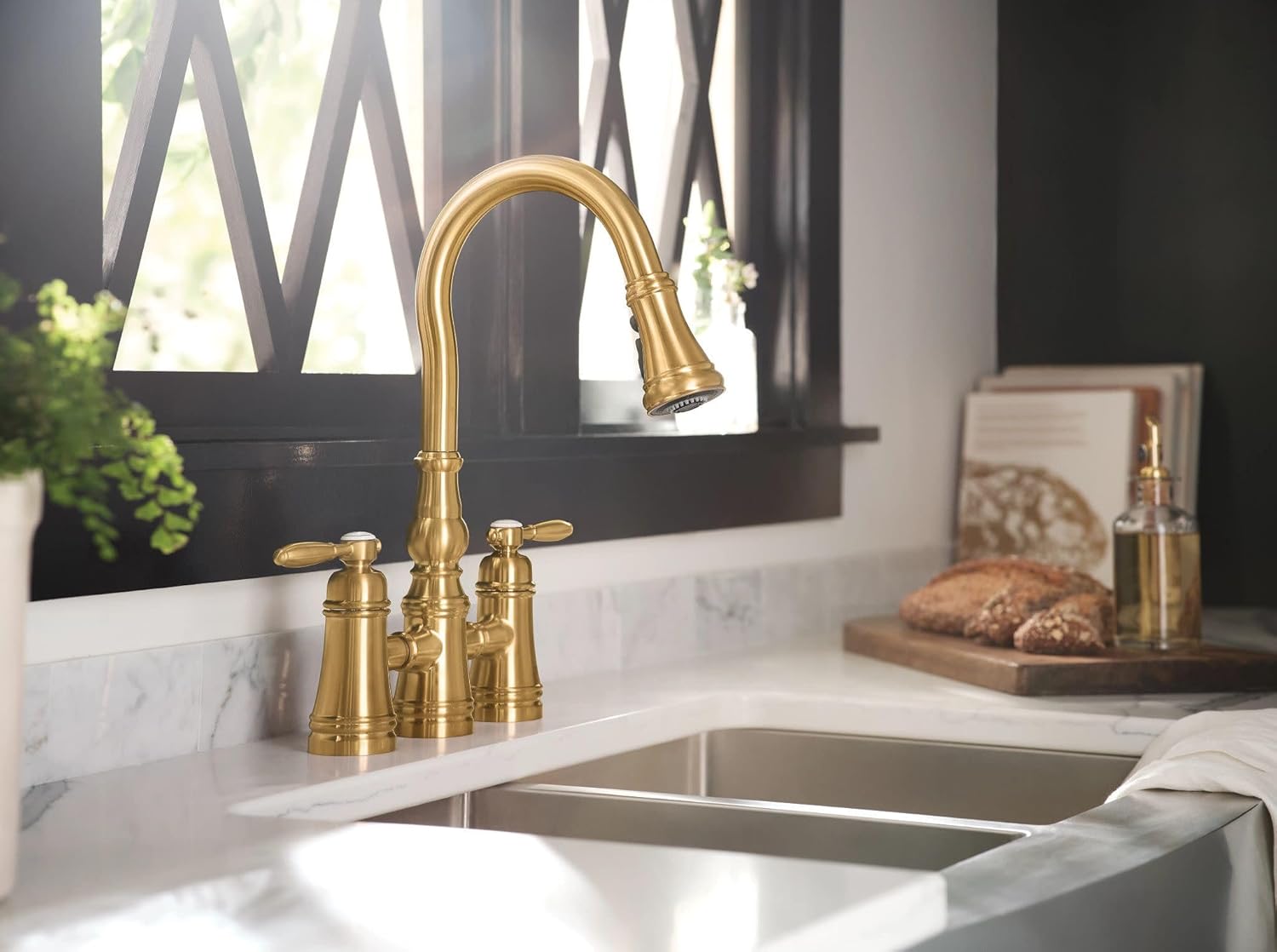 Moen Brushed Gold Weymouth Two Handle Pulldown Bridge Kitchen Faucet, S73204BG
