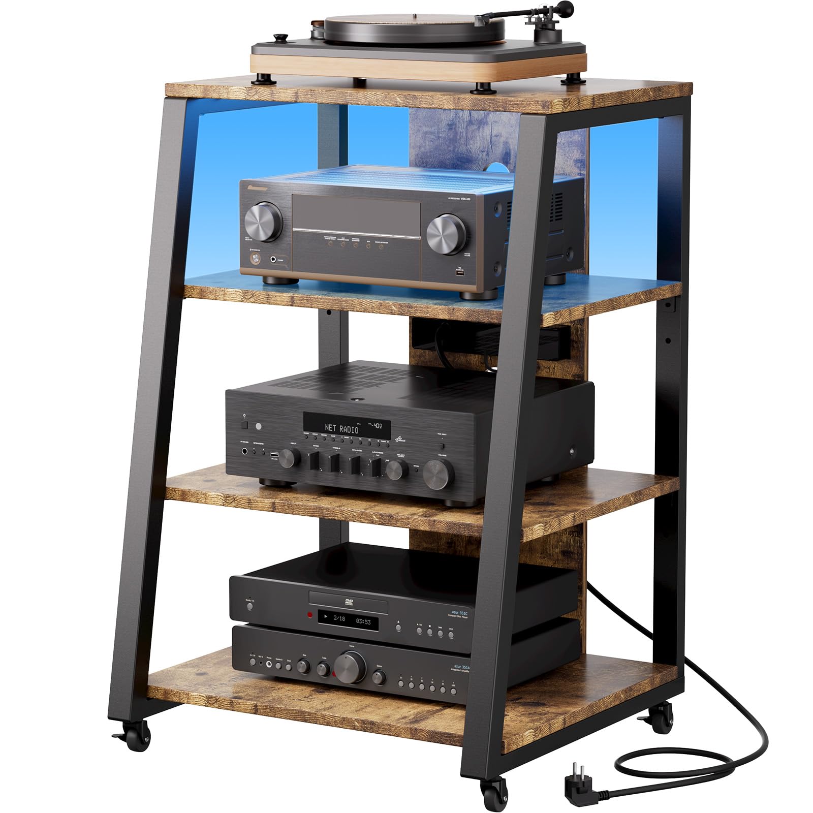 Lifewit Supporto audio a 4 livelli con prese elettriche e luci a LED, in legno e acciaio, per giradischi e impianti stereo e impianto compatto, marrone