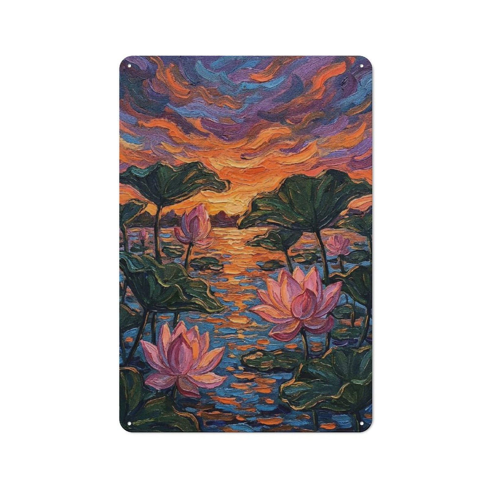 Lotus Flowers at Sunset Painting Metal Wall Plaque 30x20cm, Character Room Wall Plaque for Hallway, Home Bar, Garage Or Study