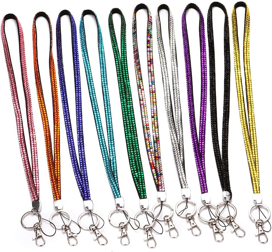 QIDUNLEE 32 inches all around Bling Crystal Rhinestones Leather Neck Strap Lanyard for ID Badge Keys holder (Pack of 10) (10X)
