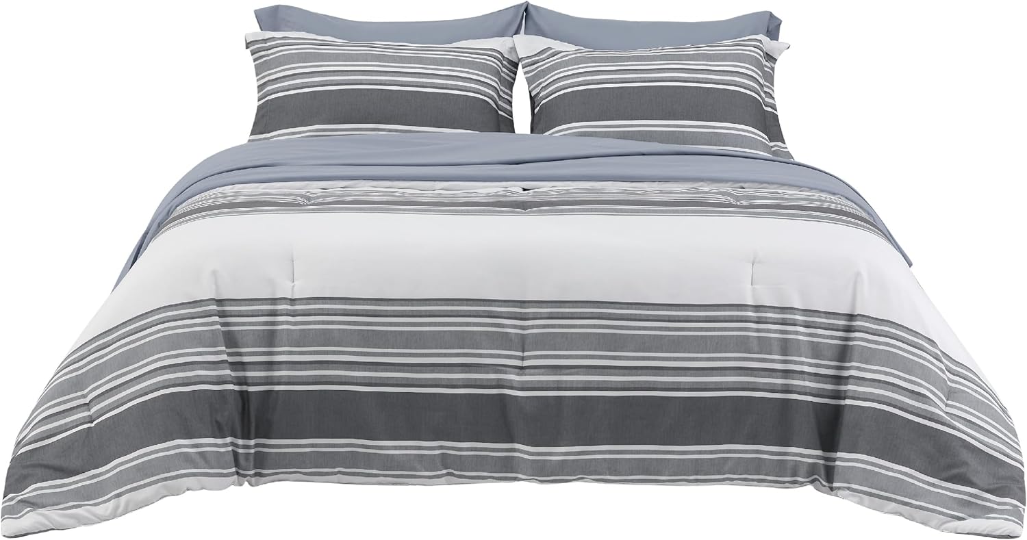 Bedsure Queen Comforter Set 7 Pieces, Dark Grey Striped Bedding Set for All Seasons, Reversible, Cationic Dyeing Bed in a Bag with Comforter, Sheets, Pillowcases & Shams 21 - Dark Grey Queen image 7 of 8 B0C58MFS4L
