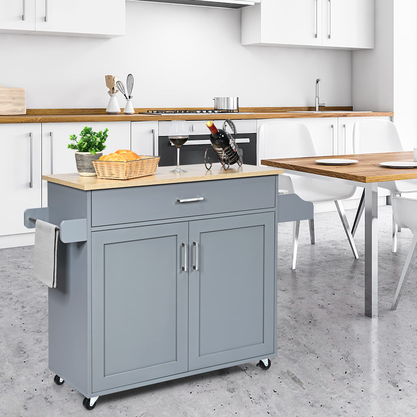 GYMAX Carrello Portata da Cucina, Armadietto a 2 Livelli, Ripiano Interno Regolabile, Credenze Mobili con Ruote, Ante Doppio, Cassetto, Portaposate, Portasciugamani, 116x40x85 cm, 5 Colori