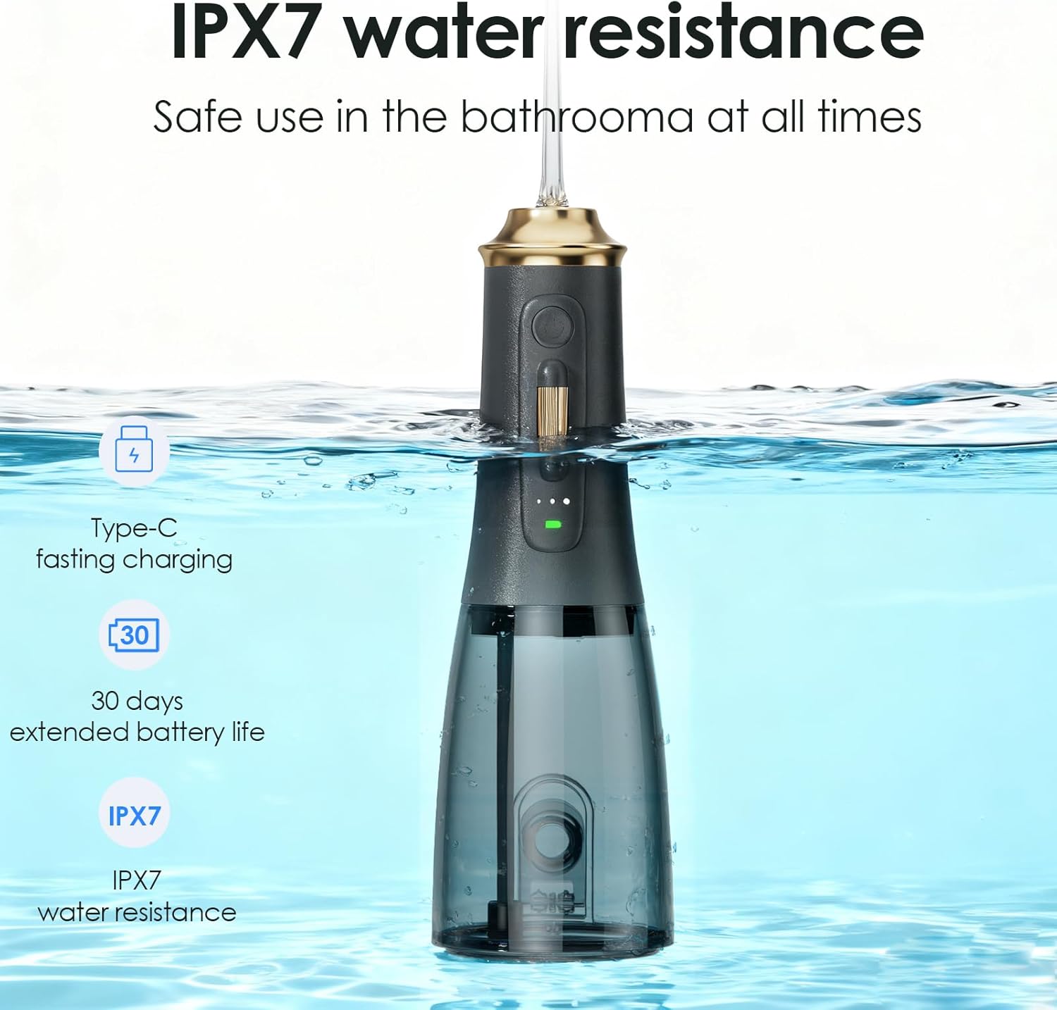 300ML Long-Lasting Battery Life Water Flosser Adjustable Pressure Oral Irrigator Flosser with 4 Interchangeable Nozzle Tips for Implants/Braces/Receding Gums (Black&Gold)