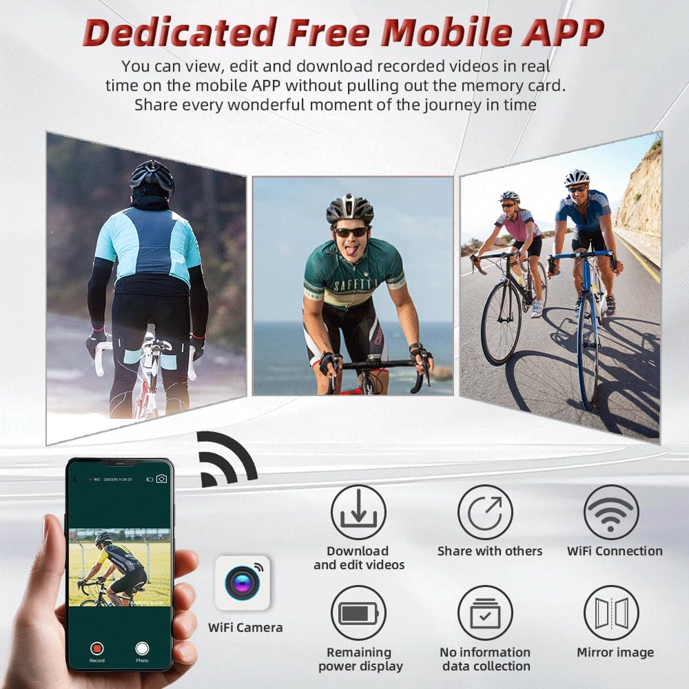 VSYSTO Bike Camera with Tail Light, Automatic Power on/Off, WiFi HD 1080P Waterproof 150° Wide Angle Starlight Night Vision Bike Rear View Camera, Loop Recording, G-Sensor (Black)