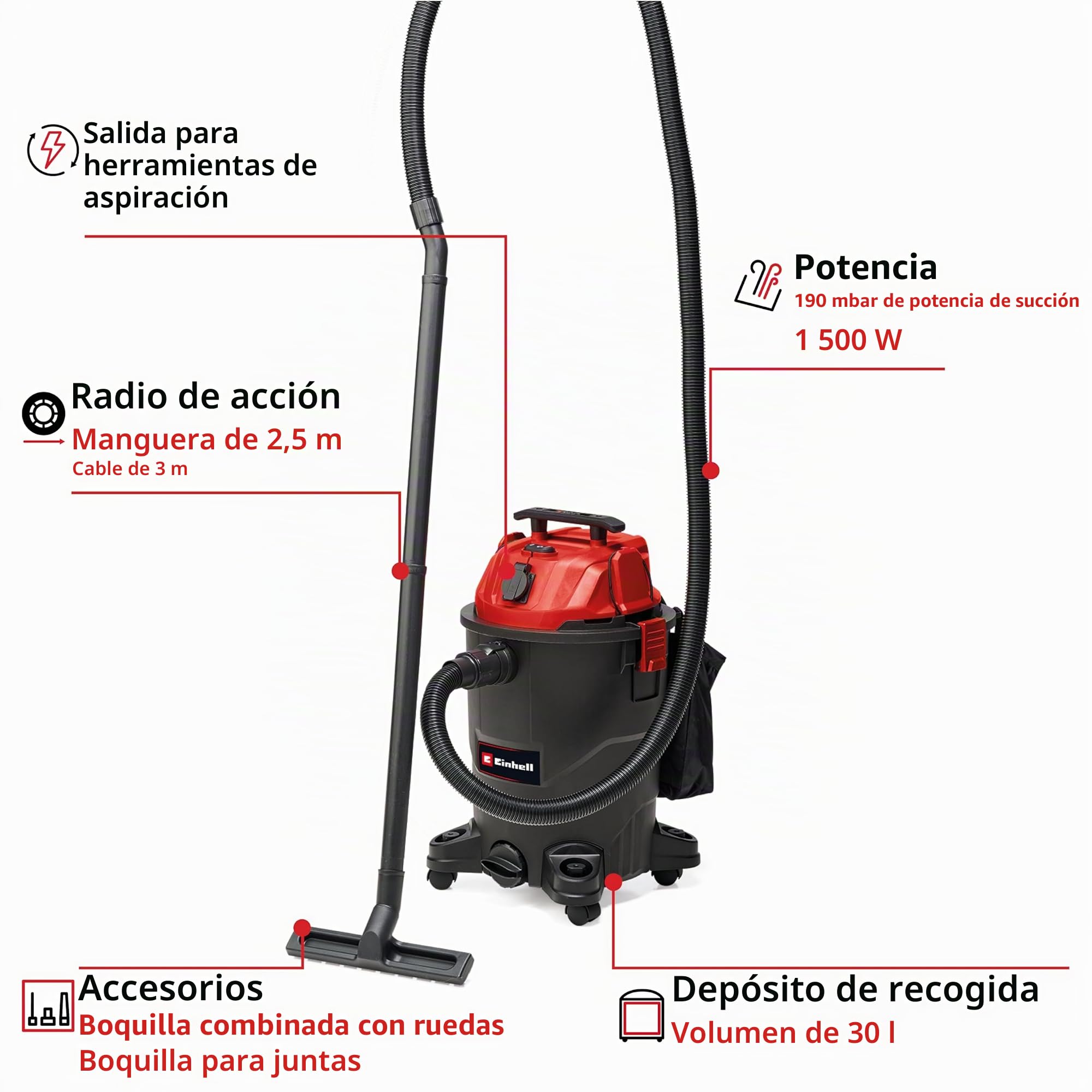 Einhell Aspirador en seco y húmedo TC-VC 1930 A | 1500 W | 190 mbar | depósito plástico 30 l | toma automática | Incluye boquillas, filtro y bolsa para la recogida de suciedad