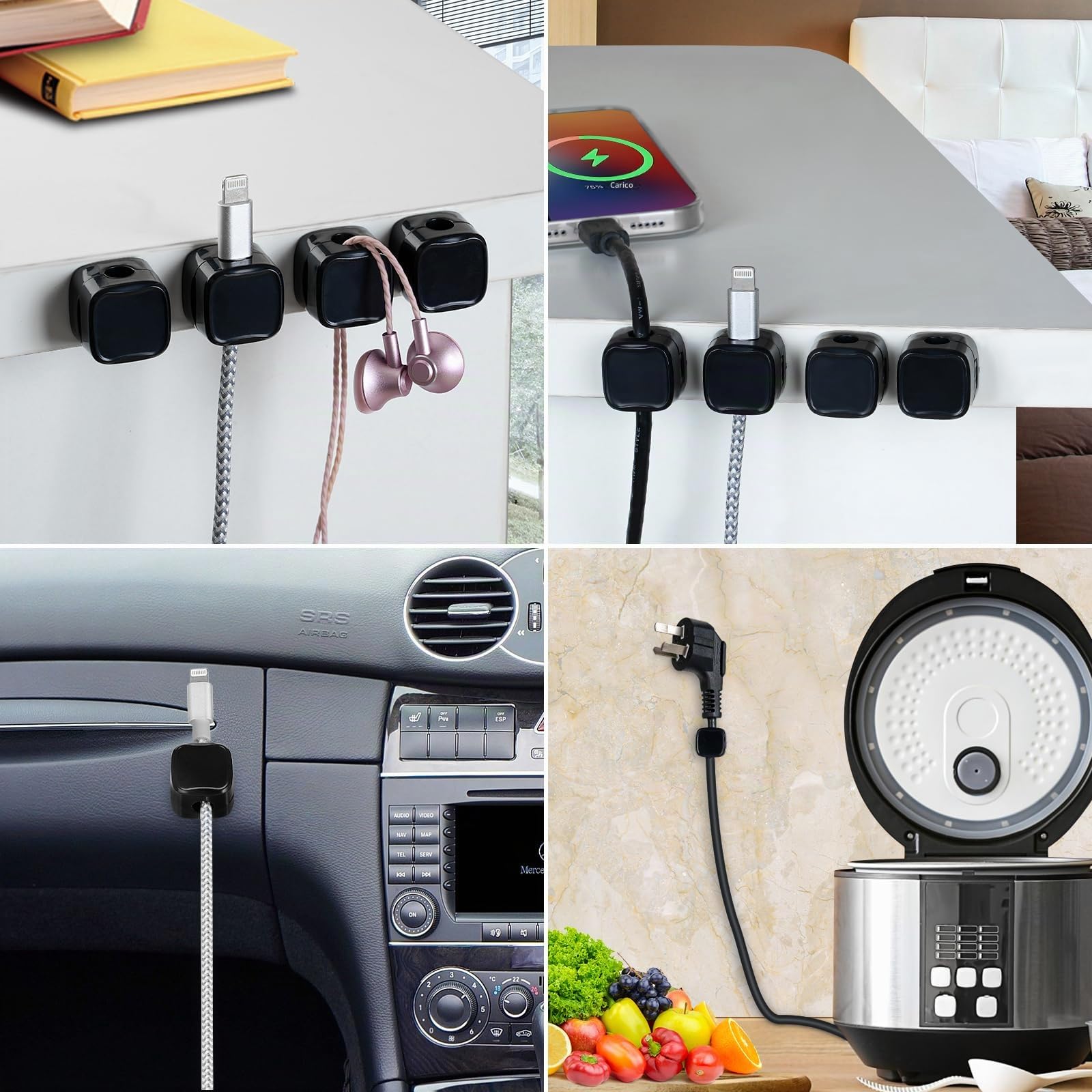 8 PEZZI Porta cavi magnetici, clip fermacavi adesivi per la gestione efficiente dei cavi, organizzatore cavi per scrivania, supporto per cavo di ricarica, USB, rete (BIANCO)