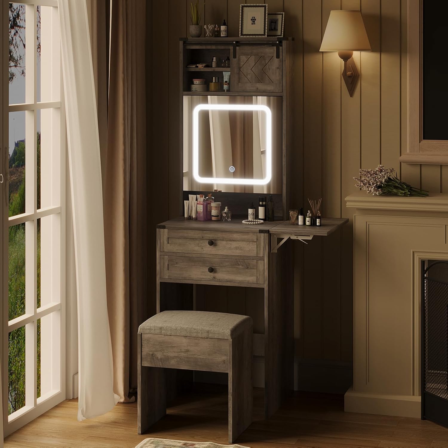 ARTETHYS Farmhouse Small Vanity Desk Set with Mirror Cabinet Compact Makeup Vanities Set with 3 Adjustable Lights and Storage Chair for Compact Space, Gray Dressing Table with Fold-up Panel