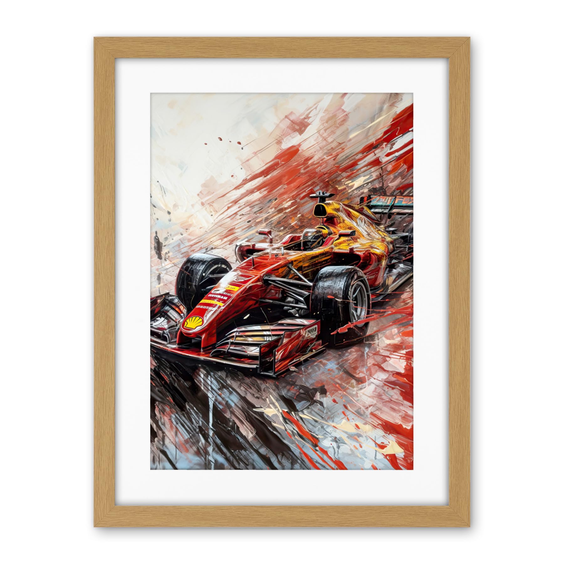 Artery8 Grand Prix Red Race Car Action Shot Paint Splat Artwork Framed Wall Art Print 18X24 Inch