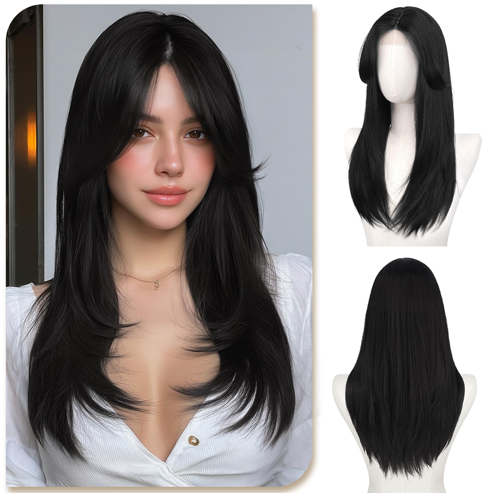 Sofeiyan 55 cm Glatte Perücke mit Curtain Bangs,Langhaar Perücke kleiner Spitzenfront Natürlicher Haarlinie,Naturschwarz Voluminöse Layered Perücken für Damen