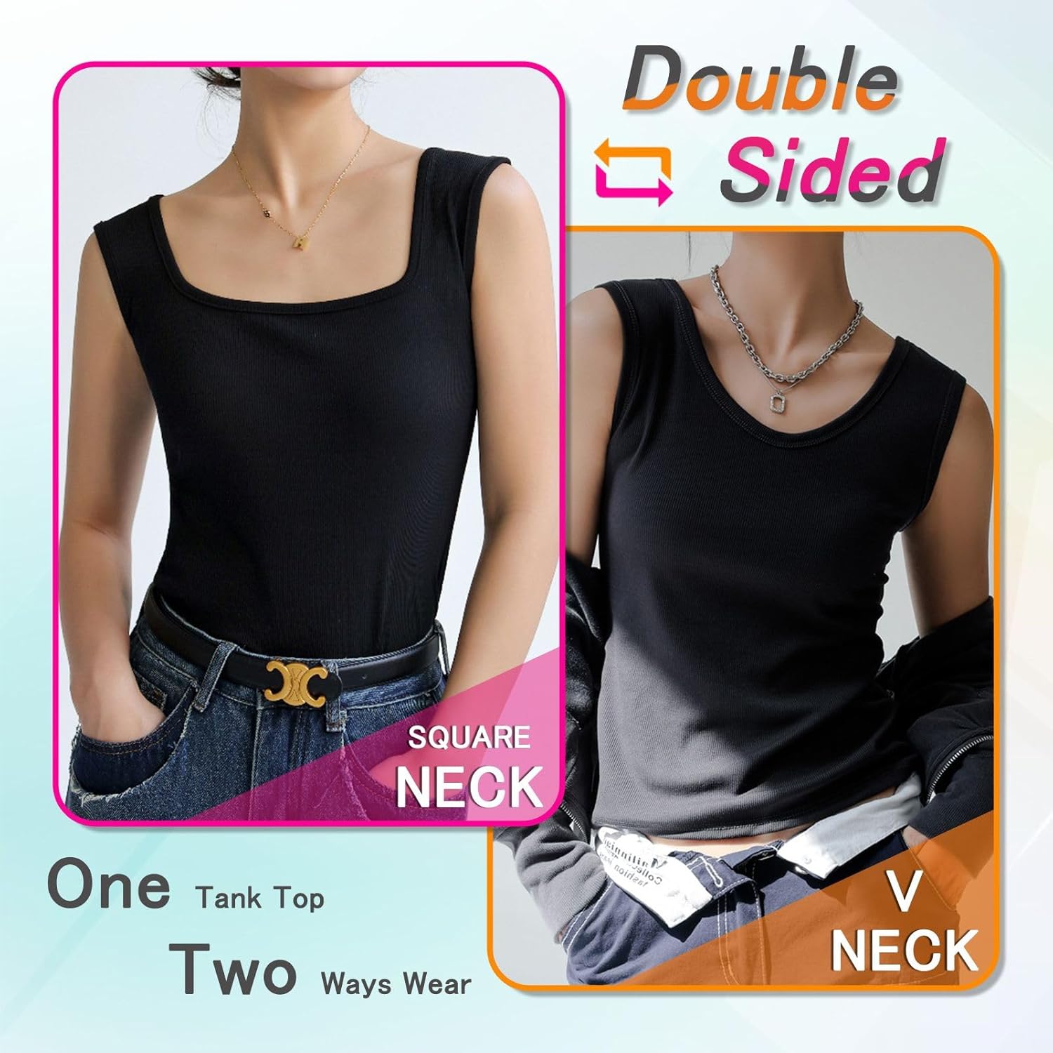 Ribbed Tank Tops for Women Square Neck & V Neck Reversible 2025 Summer Sleeveless Sexy Camisole Going Out Tops - Image 2