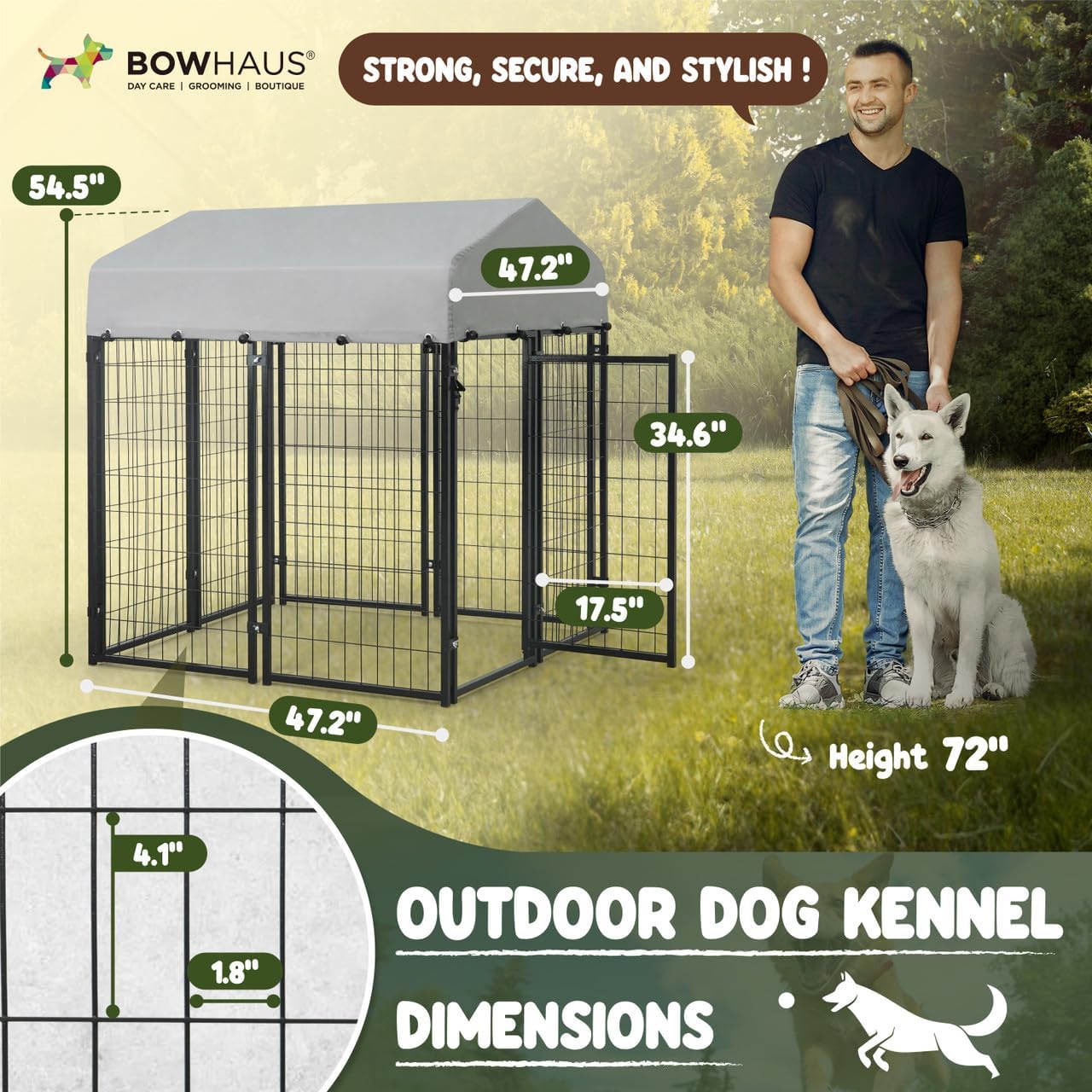 BOWHAUS 47.2” Heavy Duty Outdoor Dog Kennel w/Removable Grey Canopy Roof, Outside Dog Run with Water-Resistant & Anti-UV Roof, Ground Stakes, Steel Frame Playpen for Indoor, Outdoor, Home, Backyard