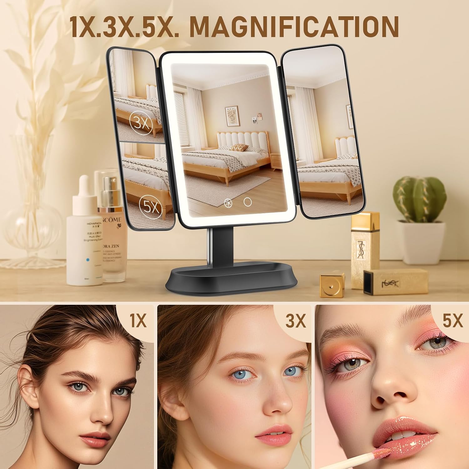 Rechargeable Lighted Makeup Mirror with 1X/3X/5X Magnification, Professional 3-Color LED Trifold Vanity Mirror, Smart Memory, Type-C Charging, Portable Beauty Mirror for Travel, Idea Gifts - Black thumbnail