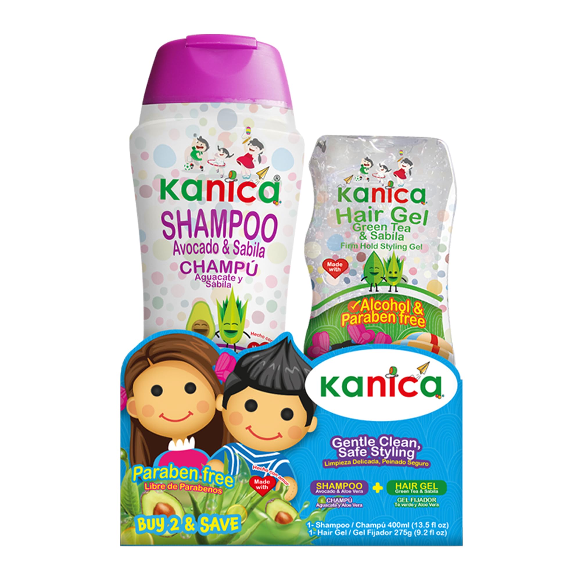 Kanica Aloe Vera & Avocado Hair Care Kit - 13.5oz Shampoo + 9.29oz Alcohol-Free Gel - Nourishing Products for Kids & All Hair Types - Paraben &