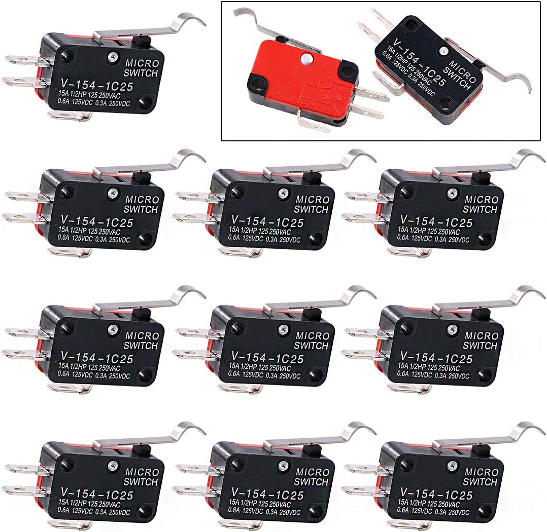 Swpeet 10Pcs V-154-1C25 Micro Limit Switch Long Hinge Roller Momentary Cherry Push Button SPDT Snap Action Perfect for Arduino, Appliance and Electronic Equipment