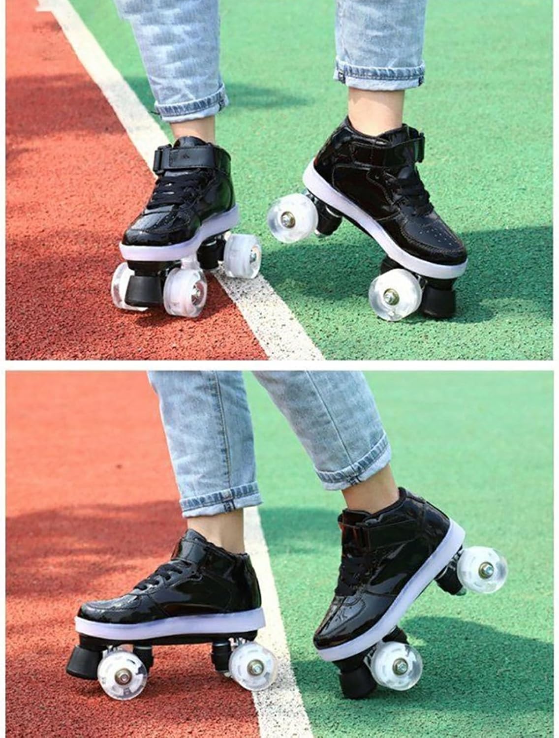 Roller Skates Women Adult Double Row Unisex Roller Blades Four Wheel Skating Outdoor Flash Pu Leather(Black,9)