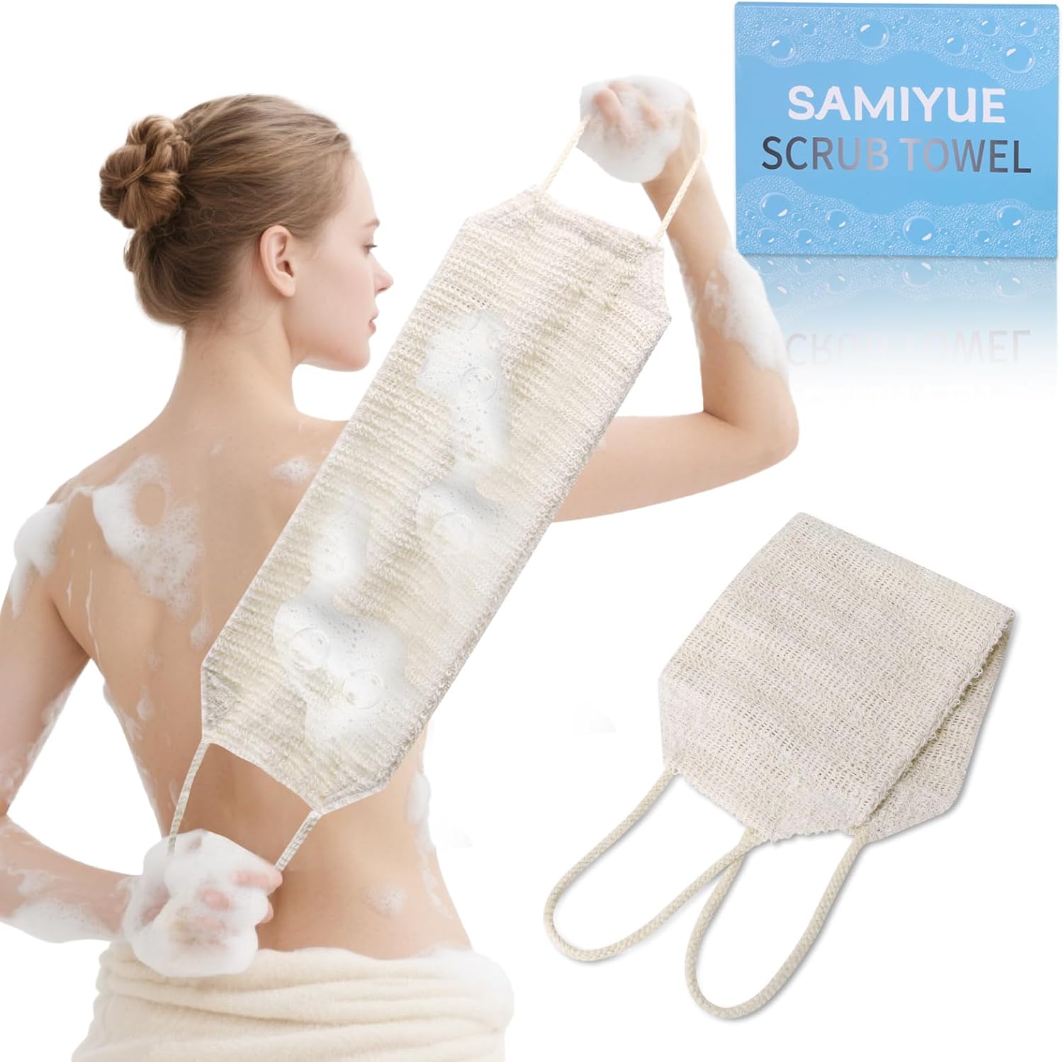 35.5" Long Exfoliating Washcloth Shower Loofah with Handle for Women, Natural Body Scrubber Back Cleaner for Shower, Double Layer Extra Rough Bath Scrubber for Body - Image 3