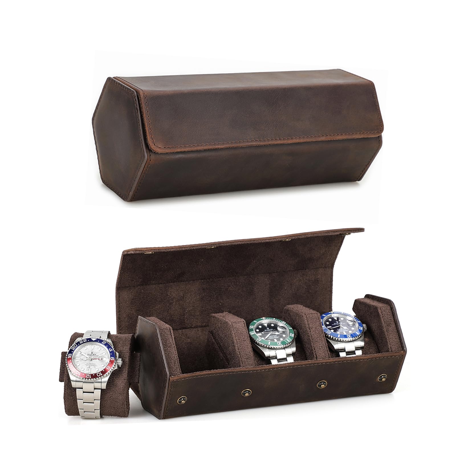 HVMBEUGOS Hiram Leather Watch Case Genuine Leather Hexagon Watch box for 3 Watches, 3-Slot Watches Protective Storage Case Watch Organizer for Men (Coffee)