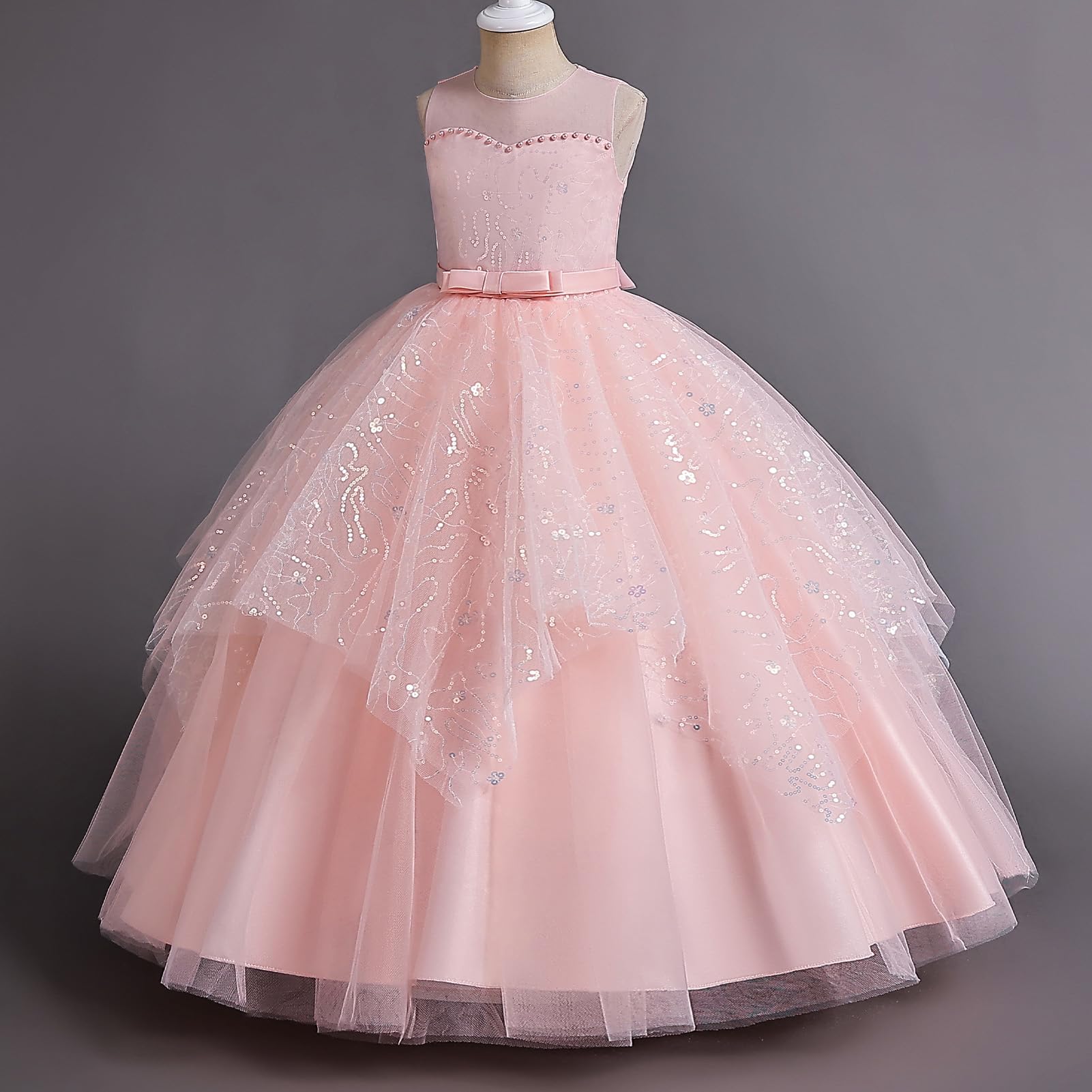 IWEMEK Kinder Mädchen Kleid Zeremonie Hochzeit Lang Karneval Tutu Ärmellos Kleid Taufe Kommunion Geburtstag Party Brautkleid