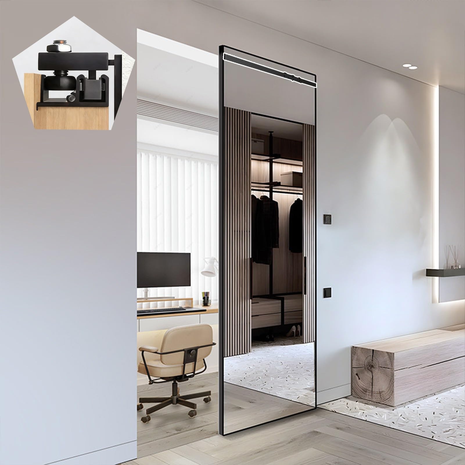 Binario per Porta Scorrevole Binario Invisibile Ghost per Porta Scorrevole a Specchio per Armadio, Ferramenta per Porta Ghost Senza Binario da 55–180 cm di Lunghezza(65cm/25.6in)
