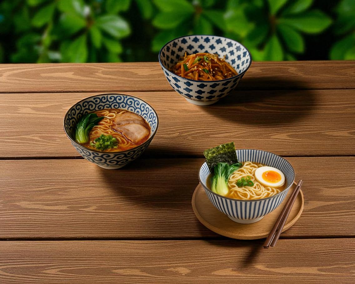 Japan-Bowls AsiATICA - Lot de 5 bols à ramen en porcelaine de 15 cm - Bols asiatiques de qualité supérieure pour riz, pâtes, tapas, udon, céréales - Set de bols à soupe avec designs japonais (Seigaiha