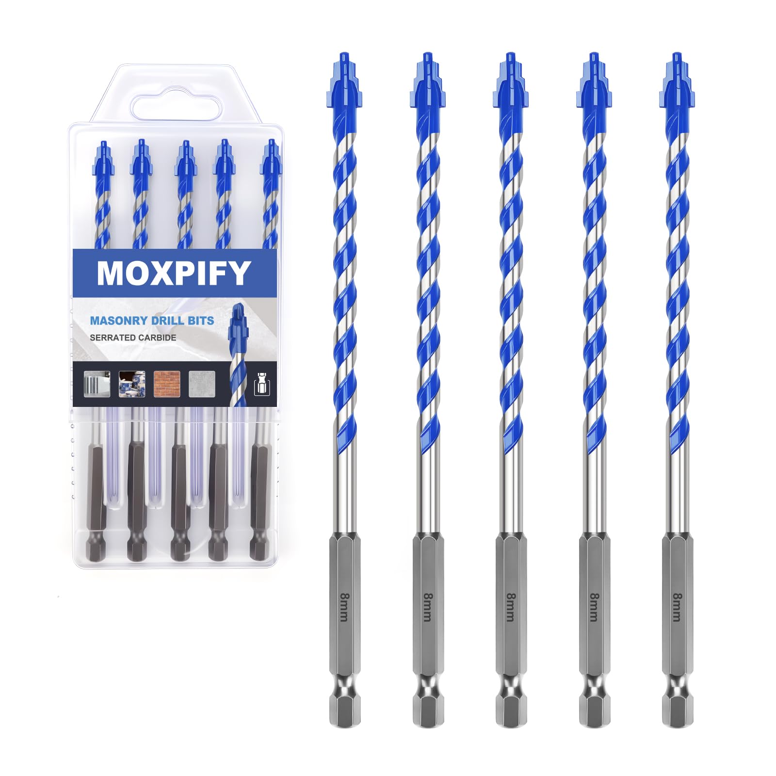 MOXPIFY 5PCS 8mm x 150mm Masonry Drill Bits Set, Porcelain Tile Drill Bit, Tungsten Carbide Drill Bit for Tile, Glass, Ceramic, Marble, Concrete, Brick, Granite, Wood