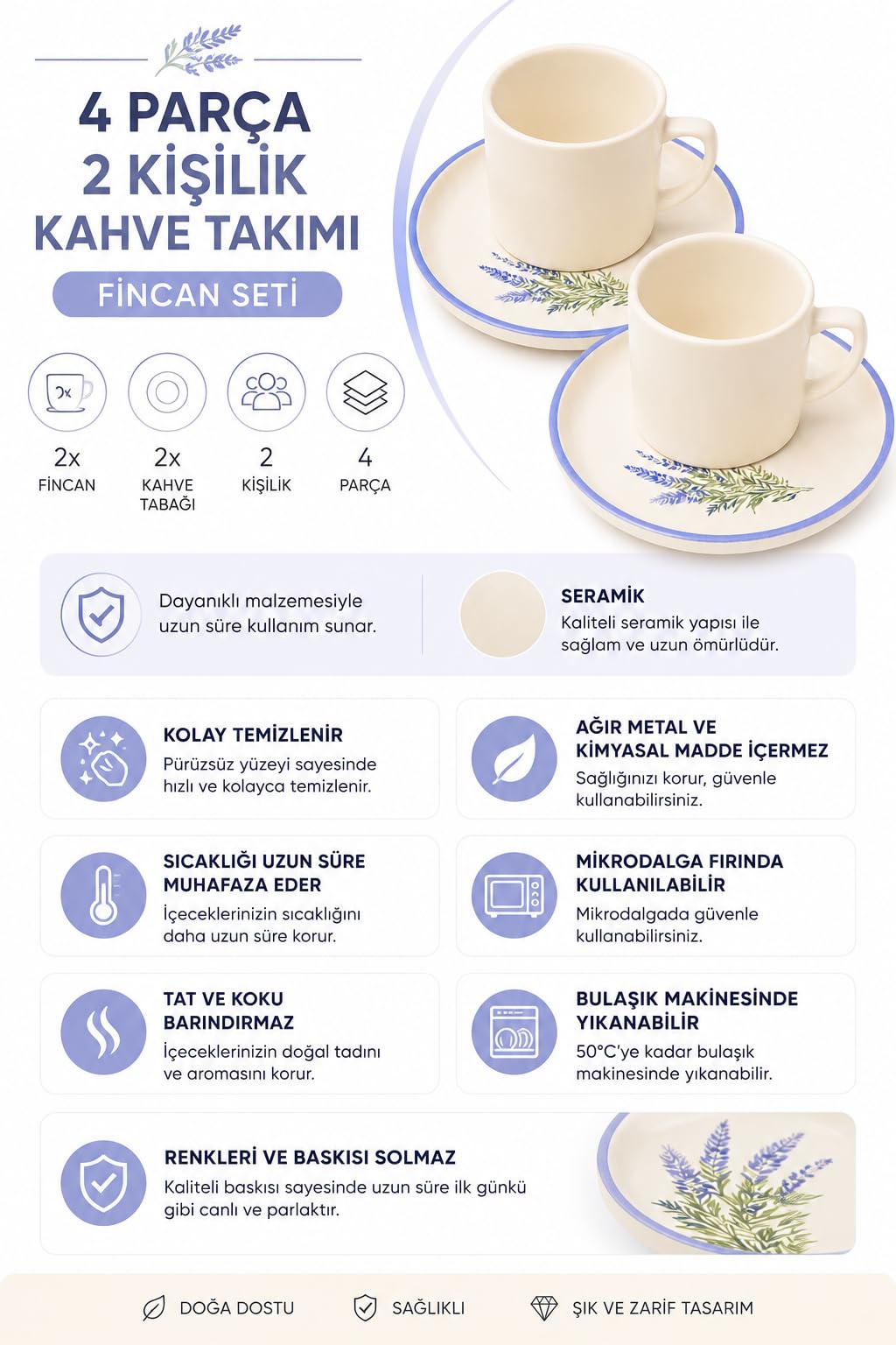 Kahve Fincan Takımı, Lavanta Desenli 4 Parça 2 Kişilik Seramik, Seramik Kahve Takımı, 4 Parça Kahve Seti, Şık Desenli Seramik Türk Kahvesi Fincan Seti, Premium Seramik Kahve Seti, Modern Kahve Seti